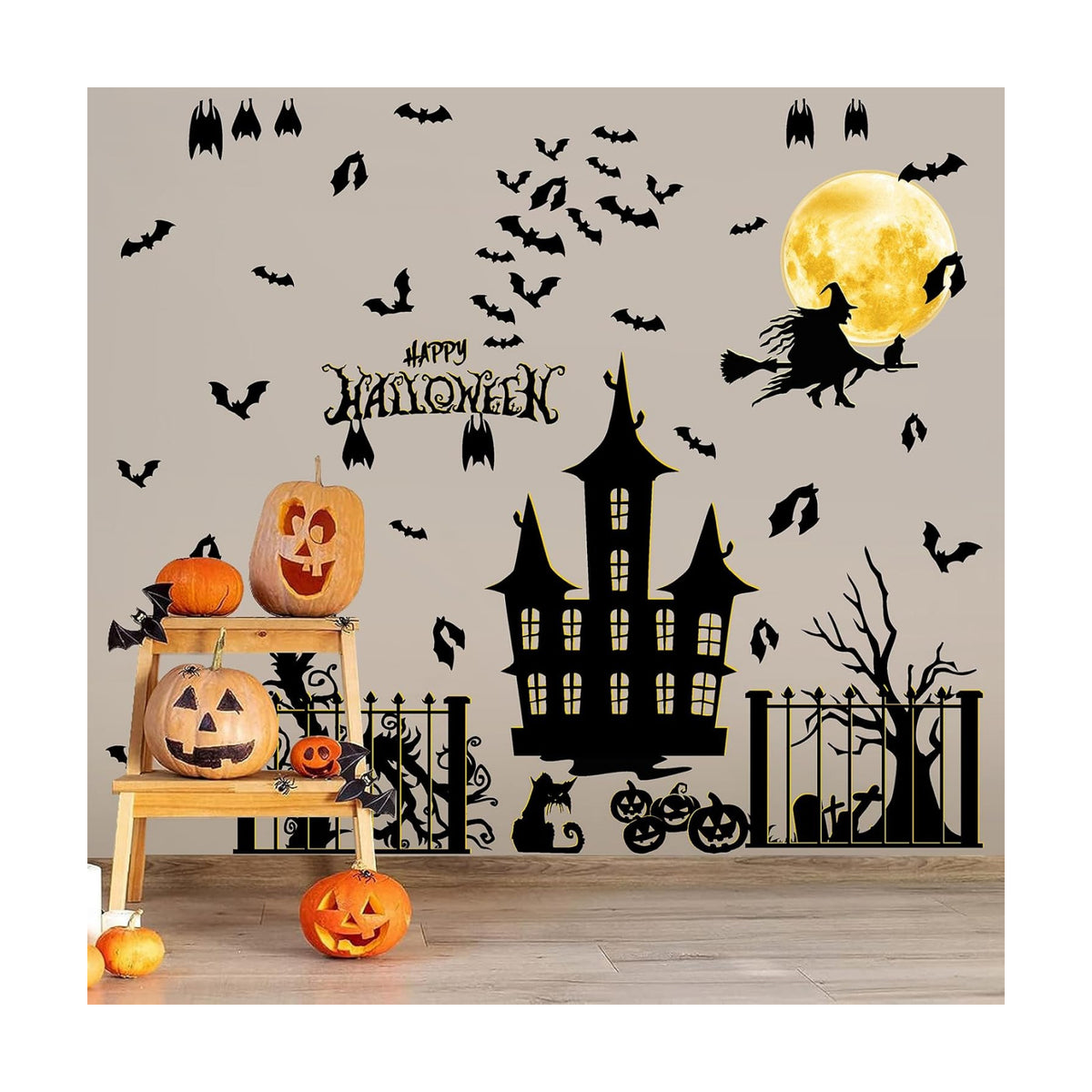 Halloween Moon Bat Wall Decals Witch Haunted House Tree Wall Stickers Decor