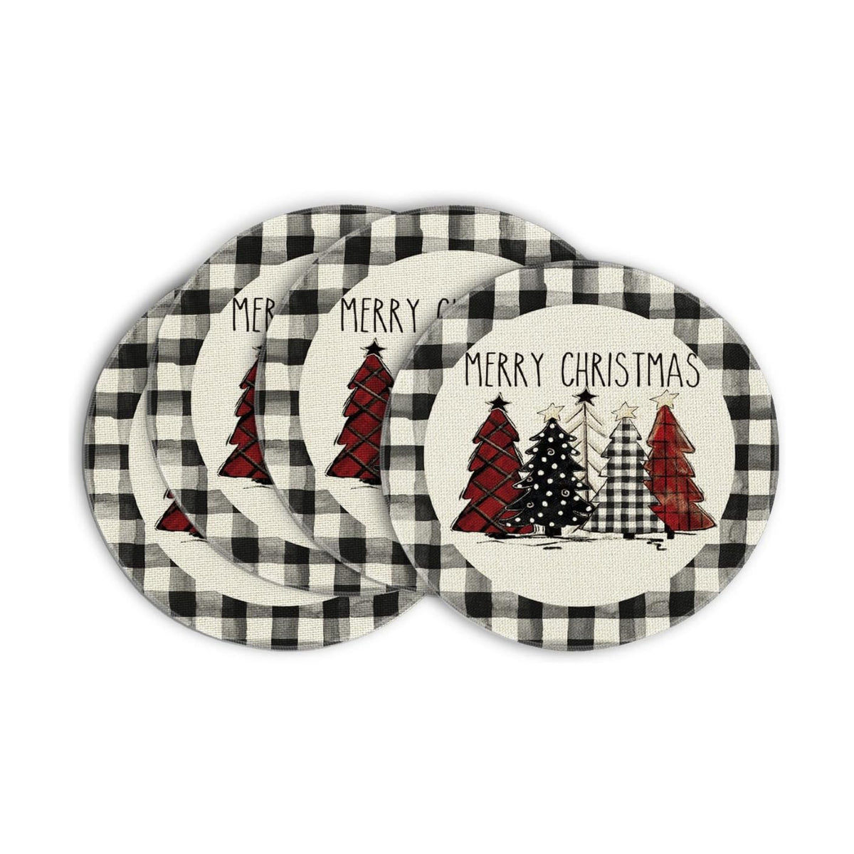 Artoid Mode Waterclor Buffalo Plaid Christmas Trees Merry Xmas Round Placemats Set of 4, 14 Inch Seasonal Winter Round Table Mats for Dining Decoration