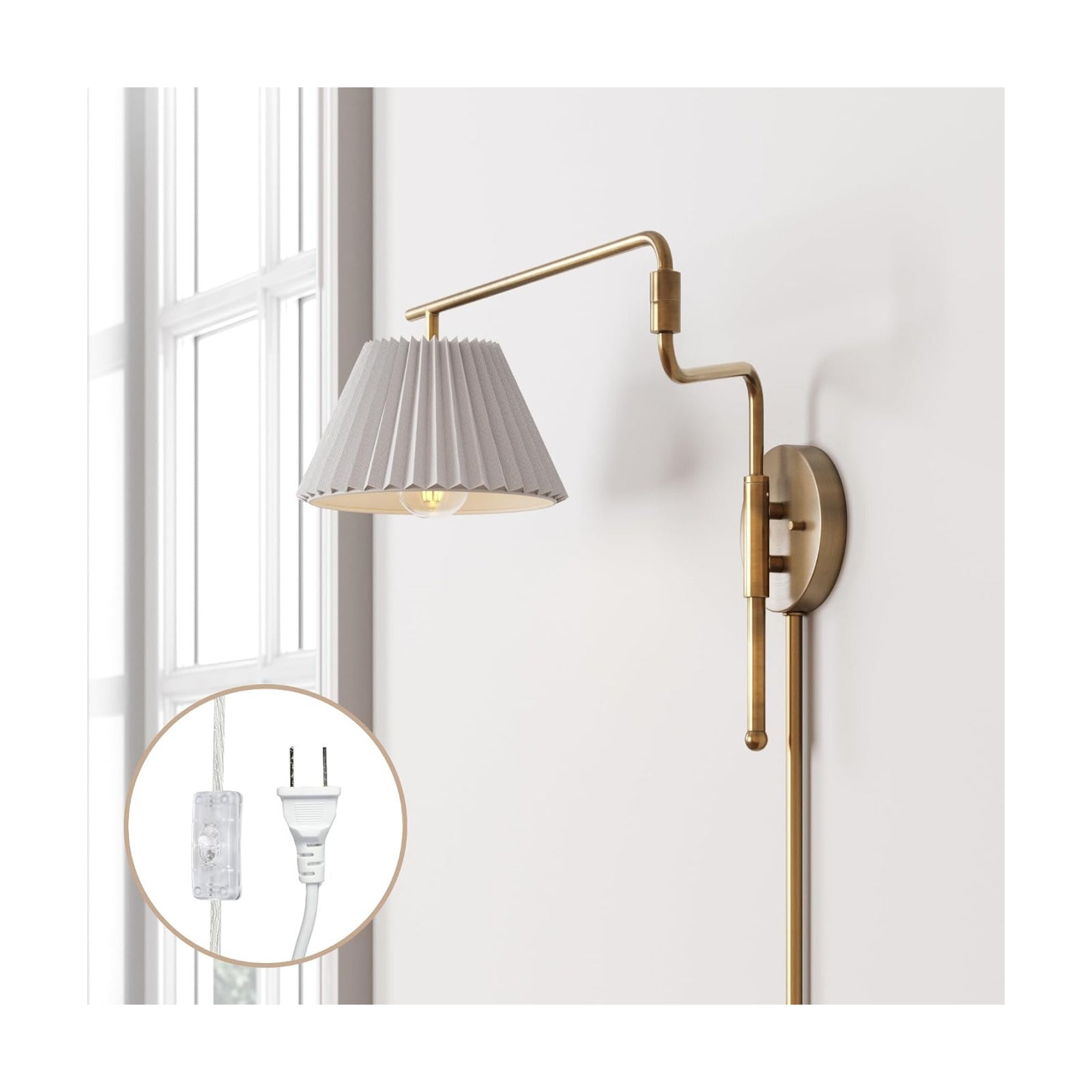 Nathan James Kai Modern Wall Mounted Plugin Bedside Reading Lamp with Pleated Shade, Vintaged Brass Finish