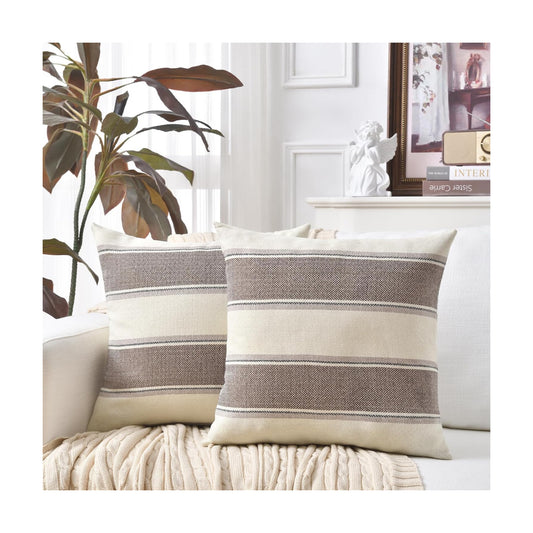 Farmhouse Linen Throw Pillow Cover Cushion Stripe Decoration Buffalo / 18 x 18 / Brown / Set of 2