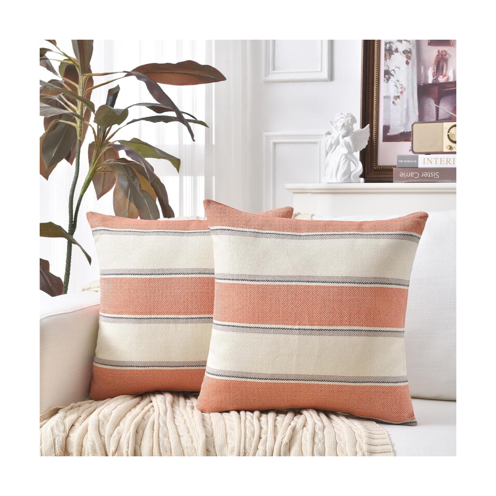Farmhouse Linen Throw Pillow Cover Cushion Stripe Decoration / 16 x 16 / Burnt Orange / Set of 2