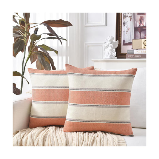 Farmhouse Linen Throw Pillow Cover Cushion Stripe Decoration / 16 x 16 / Burnt Orange / Set of 2