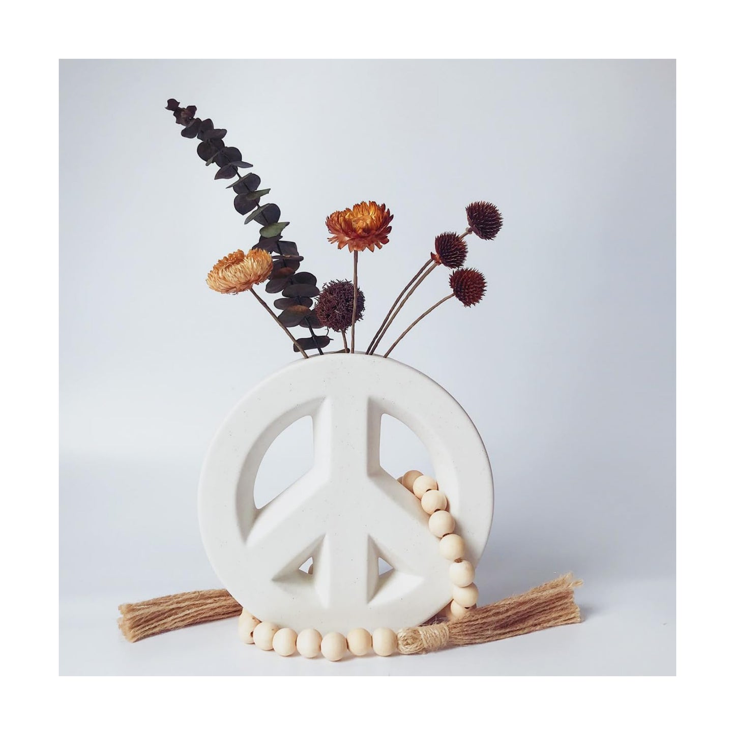 Ceramic vase Including Wood Bead Garland / White