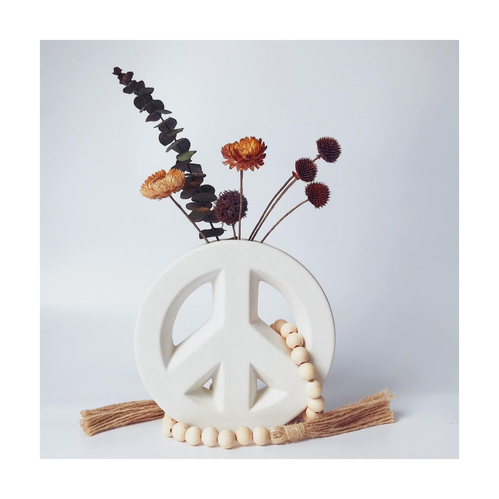 Ceramic vase Including Wood Bead Garland / White