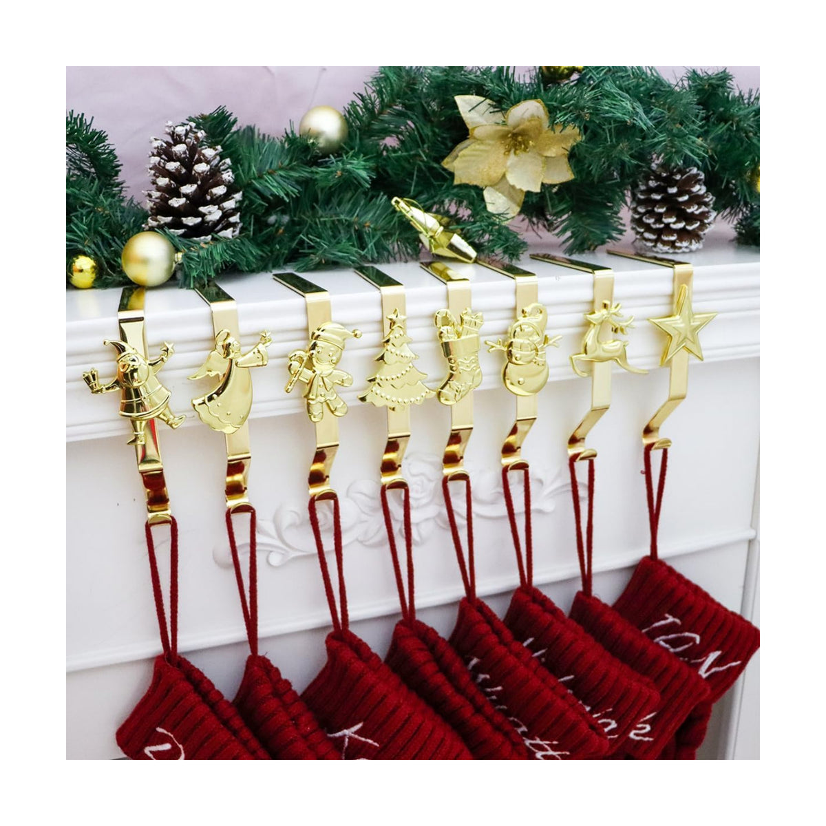 Christmas Stockings hooks, Gold Christmas Stockings holder for Mantle Set of 8, Reusable Christmas Stocking Hooks, No-Damage Xmas Hanger for Fireplace Stand Christmas Decoration Ornaments Hanging