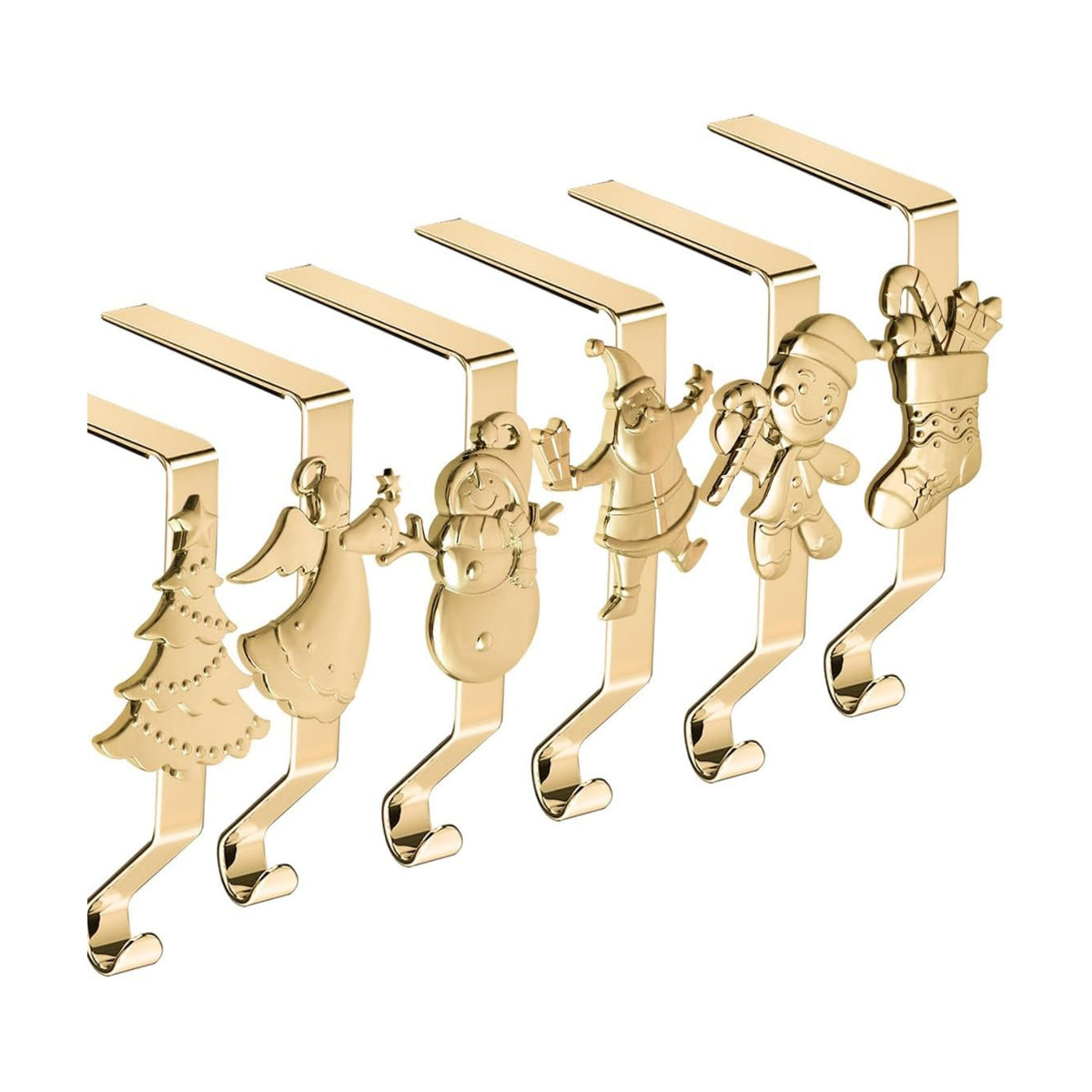 Gold Christmas Stocking Hooks - Set of 6, Reusable No-Damage Hangers for Fireplace Mantle and Christmas Decoration