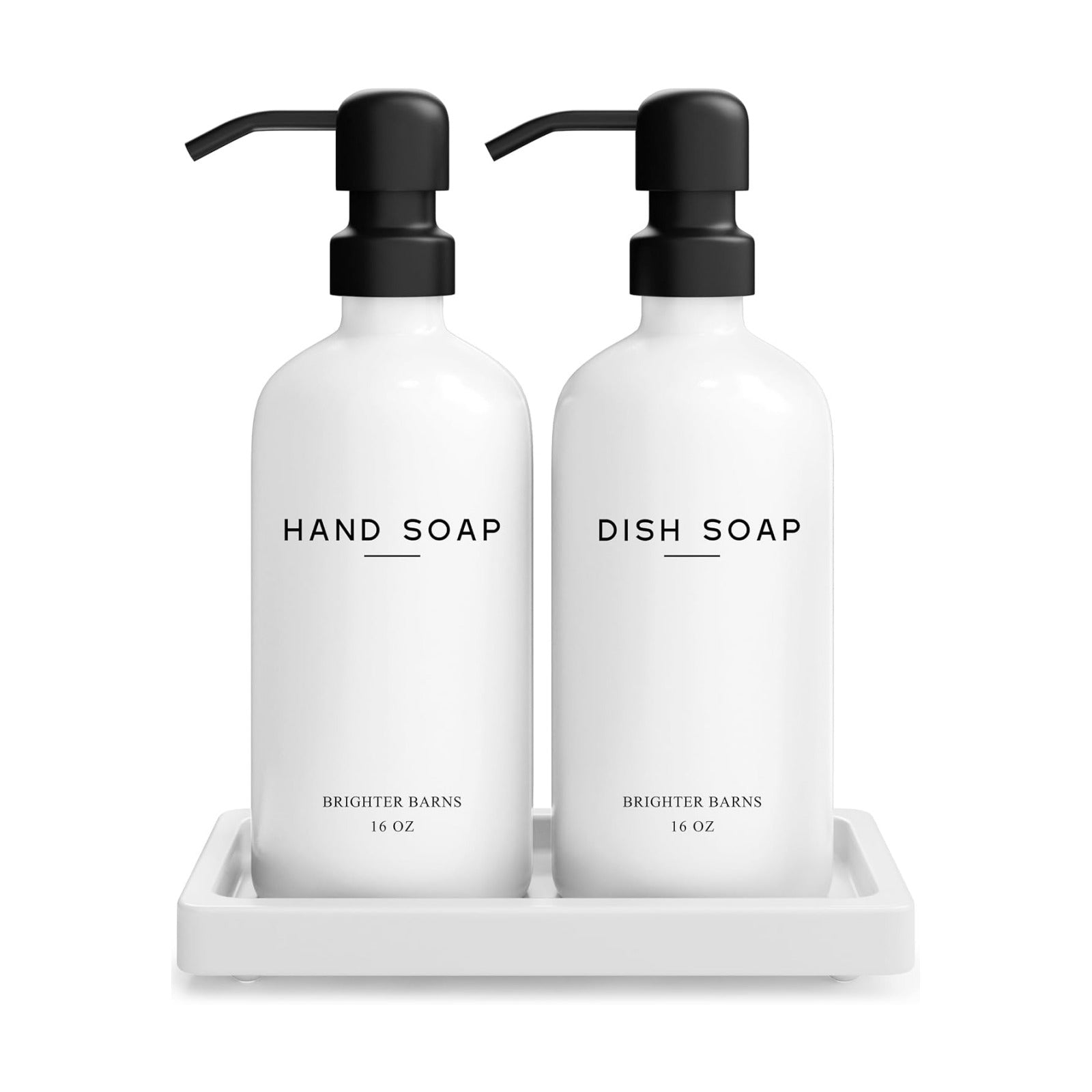 White Glass Hand and Dish Soap Dispenser Set by Brighter Barns - Kitchen Soap Dispenser Set with Tray for Kitchen, Home