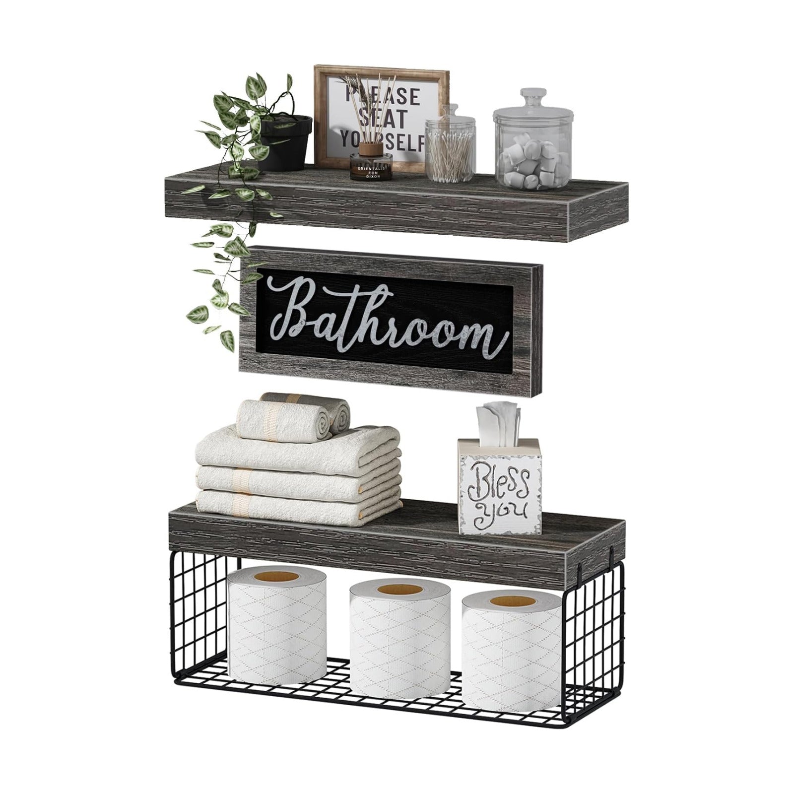 QEEIG ‎Bathroom Shelves Over Toilet - Paper Storage Wall Mounted Farmhouse Decor Decorations Aesthetic Décor Sign Small