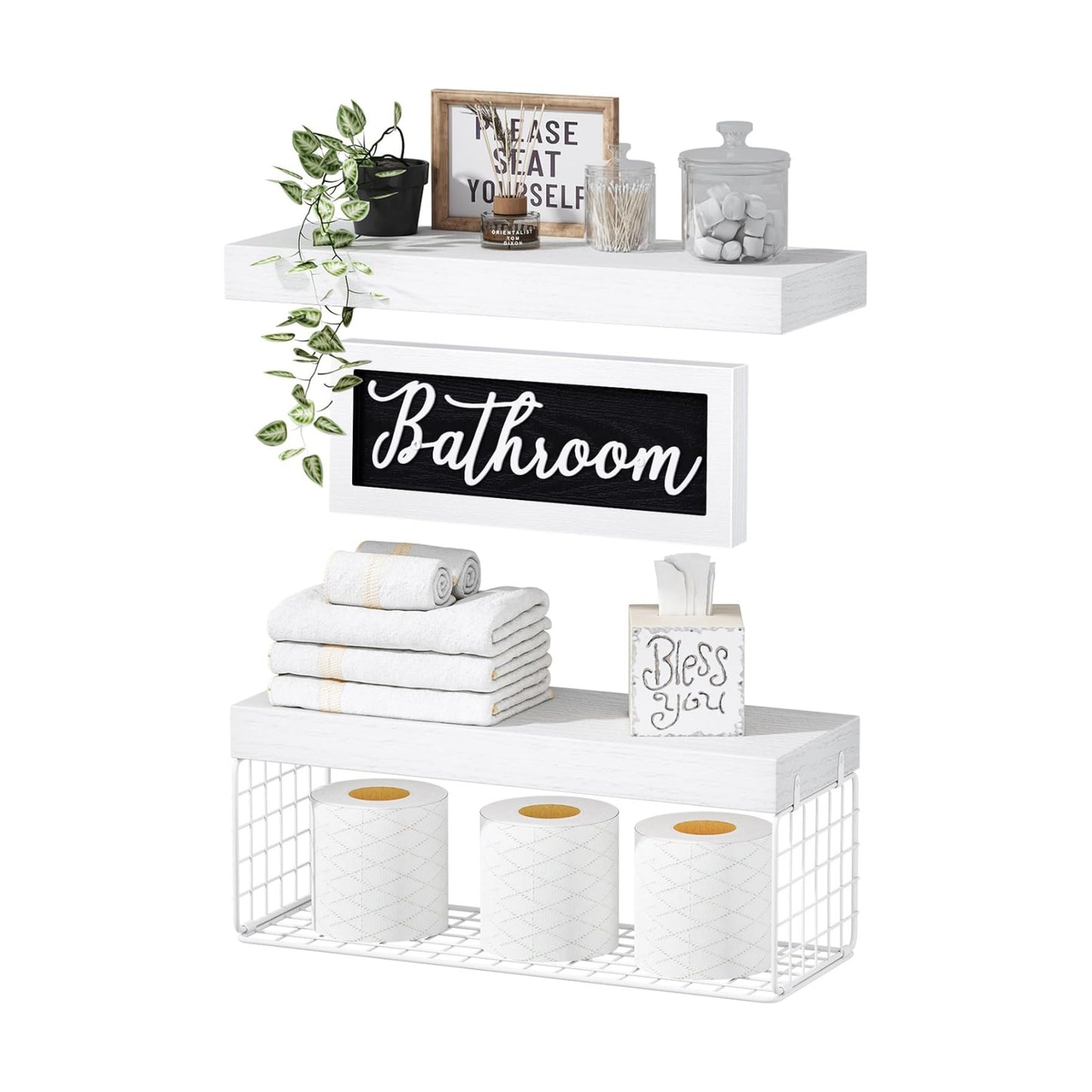 QEEIG ‎Bathroom Shelves Over Toilet - Paper Storage Wall Mounted Farmhouse Decor Decorations Aesthetic Décor Sign Small