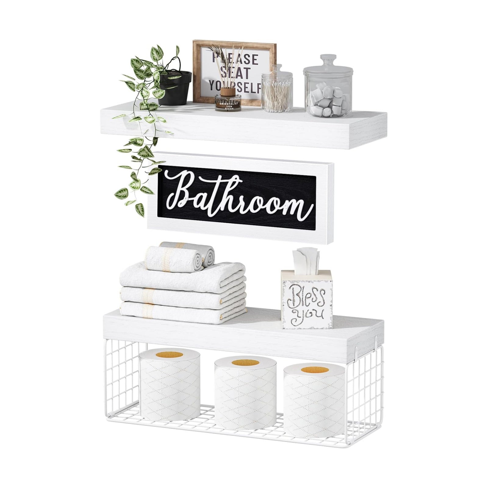 QEEIG ‎Bathroom Shelves Over Toilet - Paper Storage Wall Mounted Farmhouse Decor Decorations Aesthetic Décor Sign Small