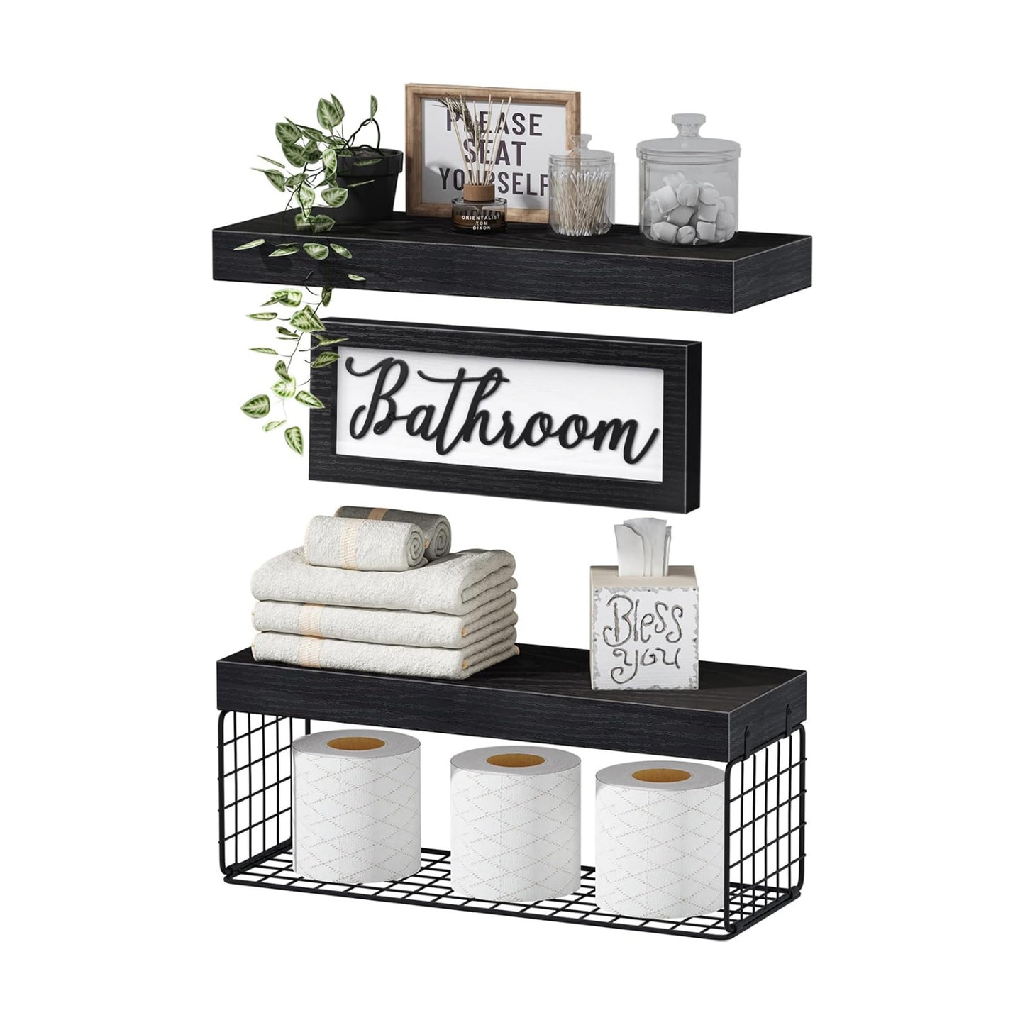 QEEIG ‎Bathroom Shelves Over Toilet - Paper Storage Wall Mounted Farmhouse Decor Decorations Aesthetic Décor Sign Small