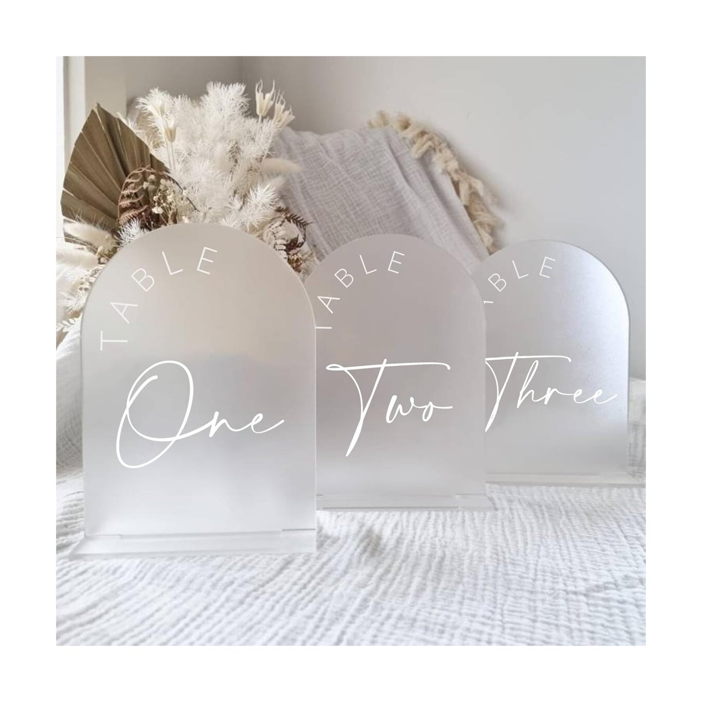 Frosted Arch Wedding Table Numbers 1-25 with Stands, 5x7 Inch Frosted Arch Acrylic Sign with White Letters, Arched
