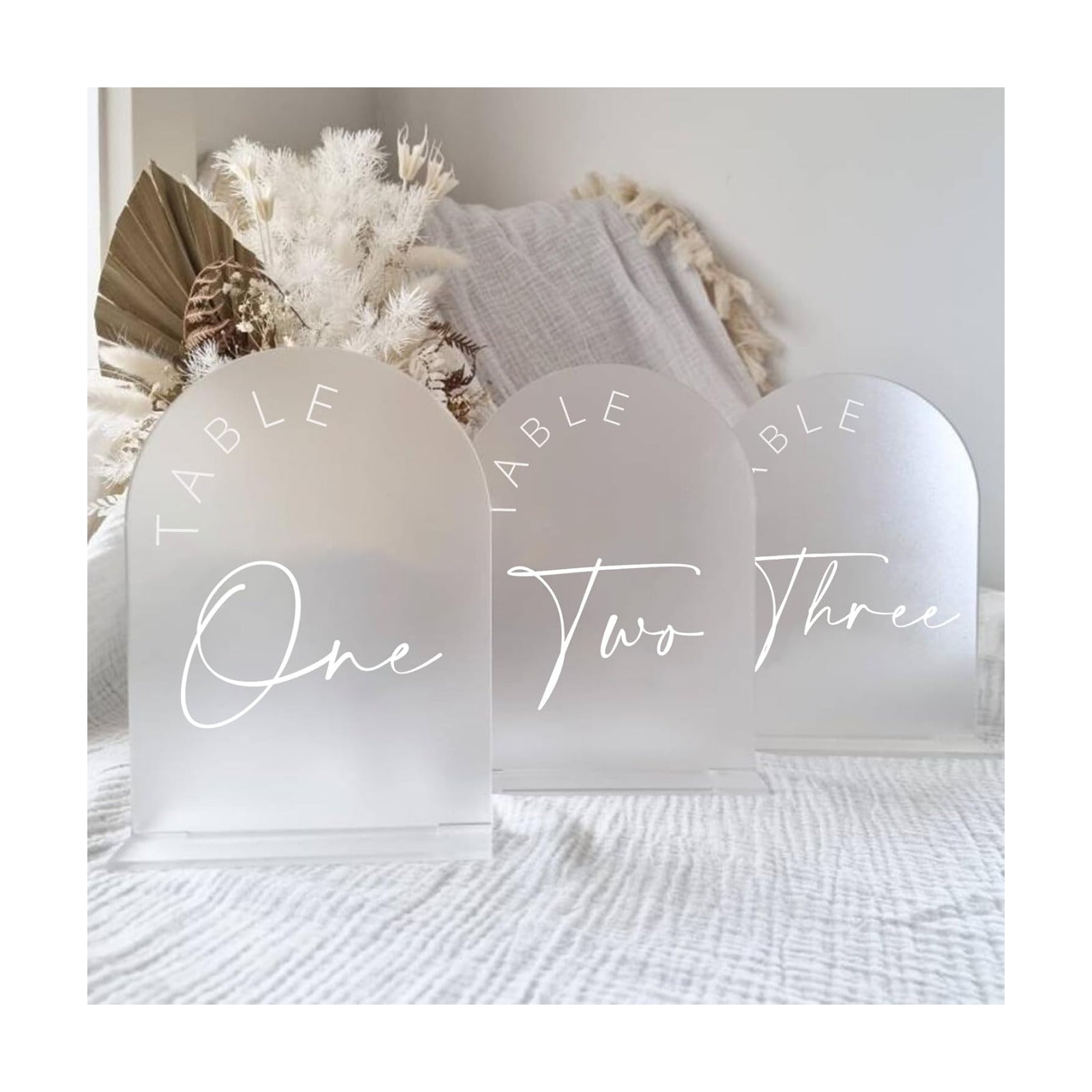 Frosted Arch Wedding Table Numbers 1-25 with Stands, 5x7 Inch Frosted Arch Acrylic Sign with White Letters, Arched