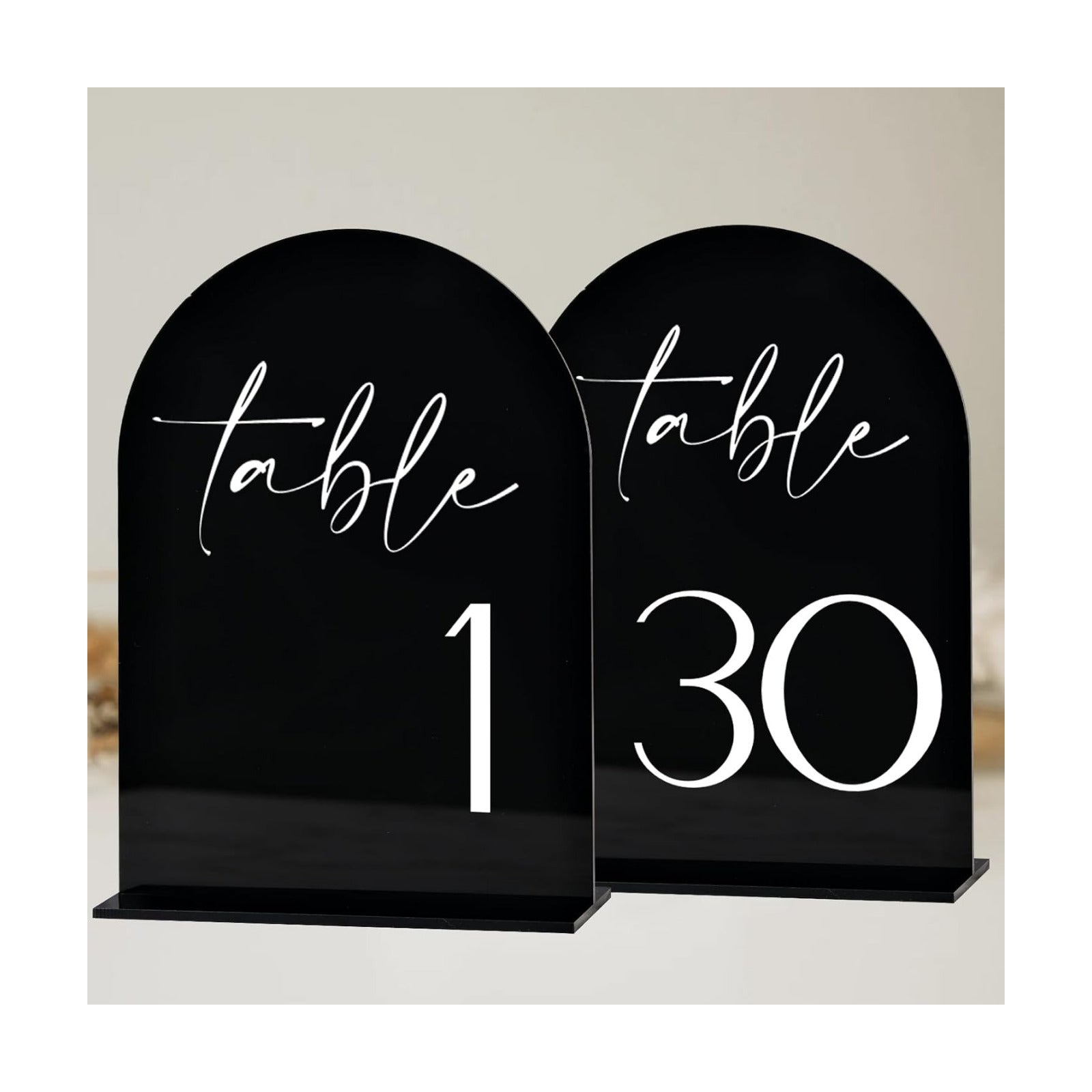 Black Arch Acrylic Table Numbers with Stands 1-30, 5x7" Black Arched Acrylic Sign and Bases, Arch Table Numbers for