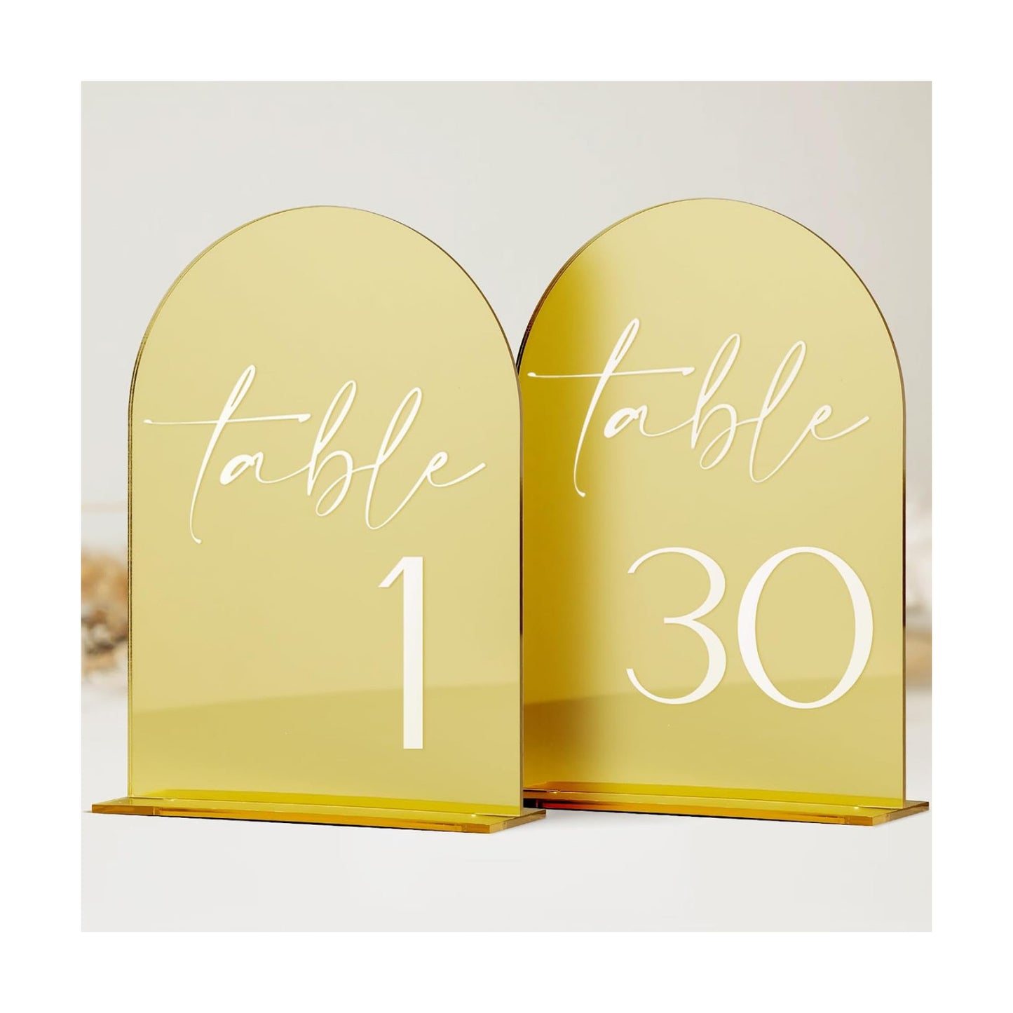HOODO Gold Mirror Acrylic Wedding Table Numbers 1-30 with Stands, 5"x7" Arched Acrylic Place Cards and Holders, Gold