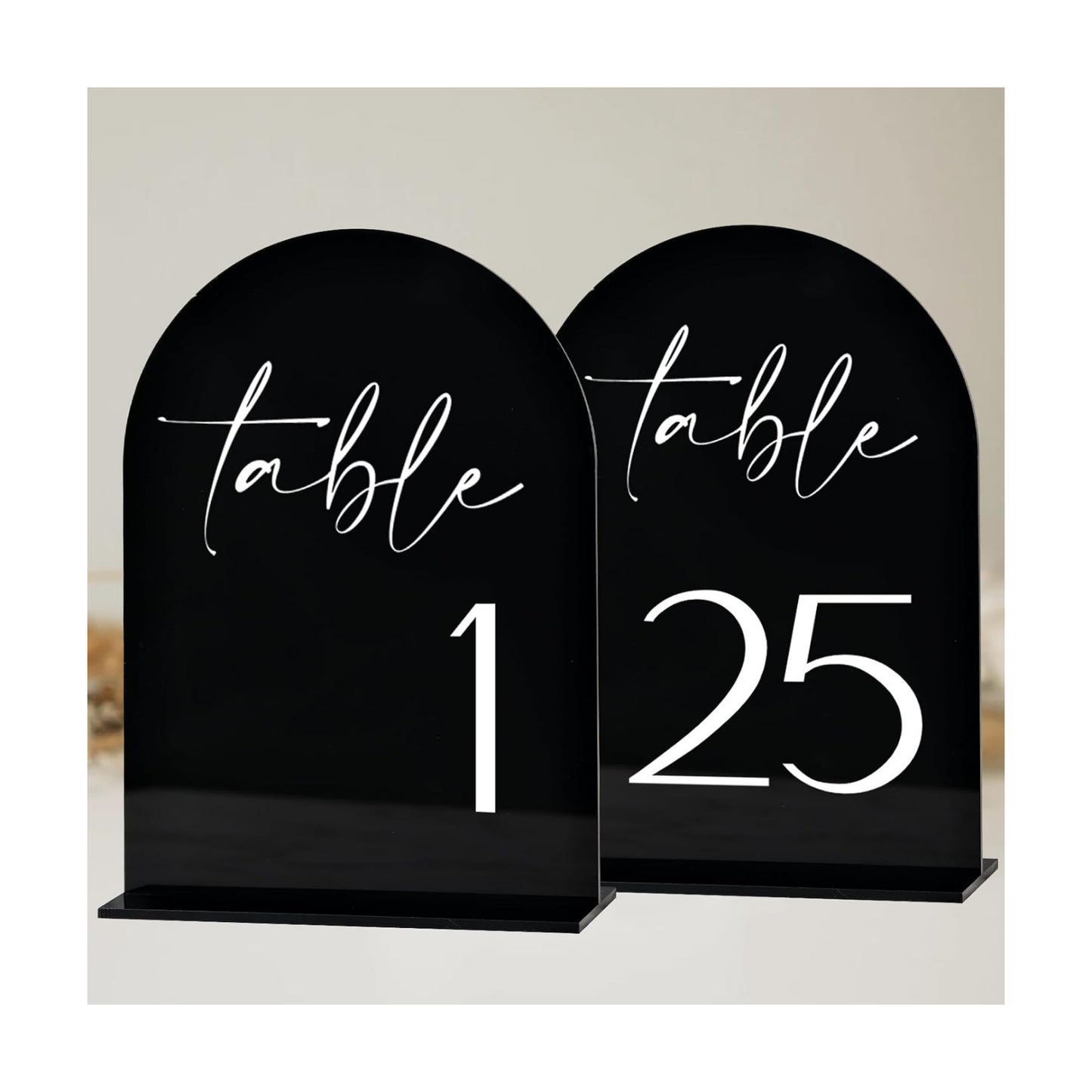 Black Arch Acrylic Table Numbers with Stands 1-25, 5x7" Black Arched Acrylic Sign and Base, Arch Table Numbers for