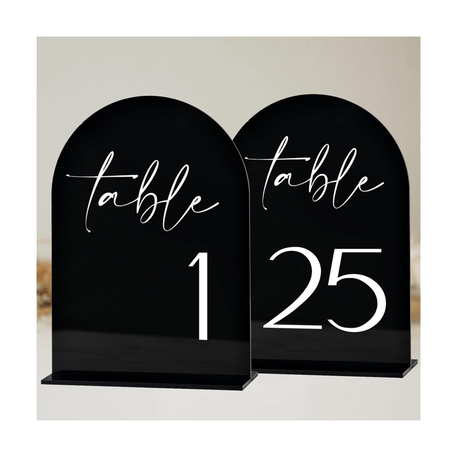 Black Arch Acrylic Table Numbers with Stands 1-25, 5x7" Black Arched Acrylic Sign and Base, Arch Table Numbers for