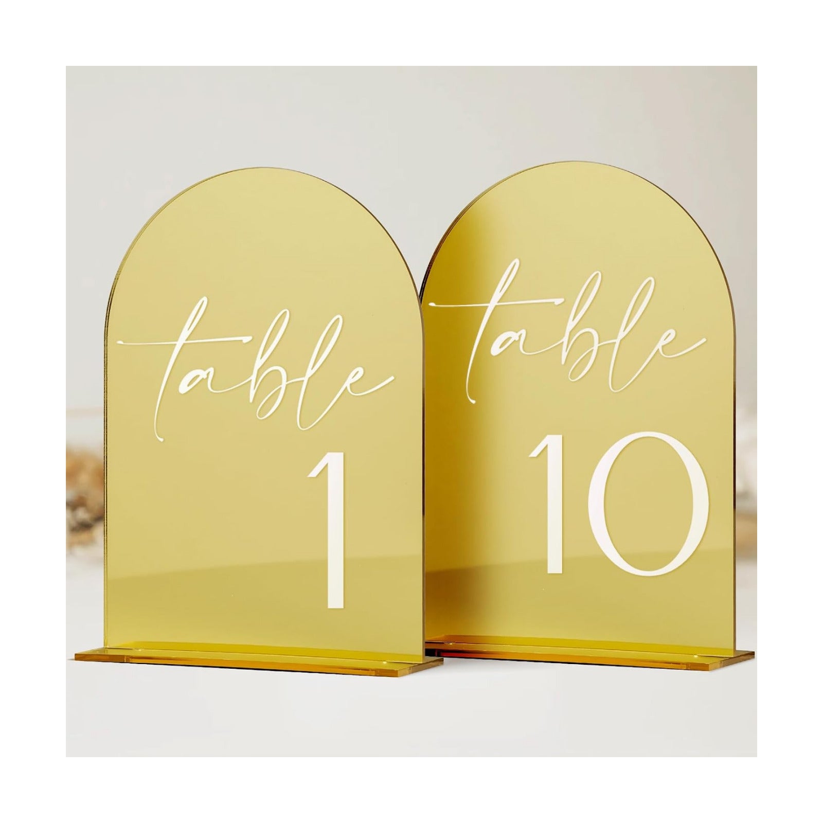 HOODO Gold Mirror Acrylic Wedding Table Numbers 1-10 with Stands, 5"x7" Arched Acrylic Signs and Holders, Gold Mirror