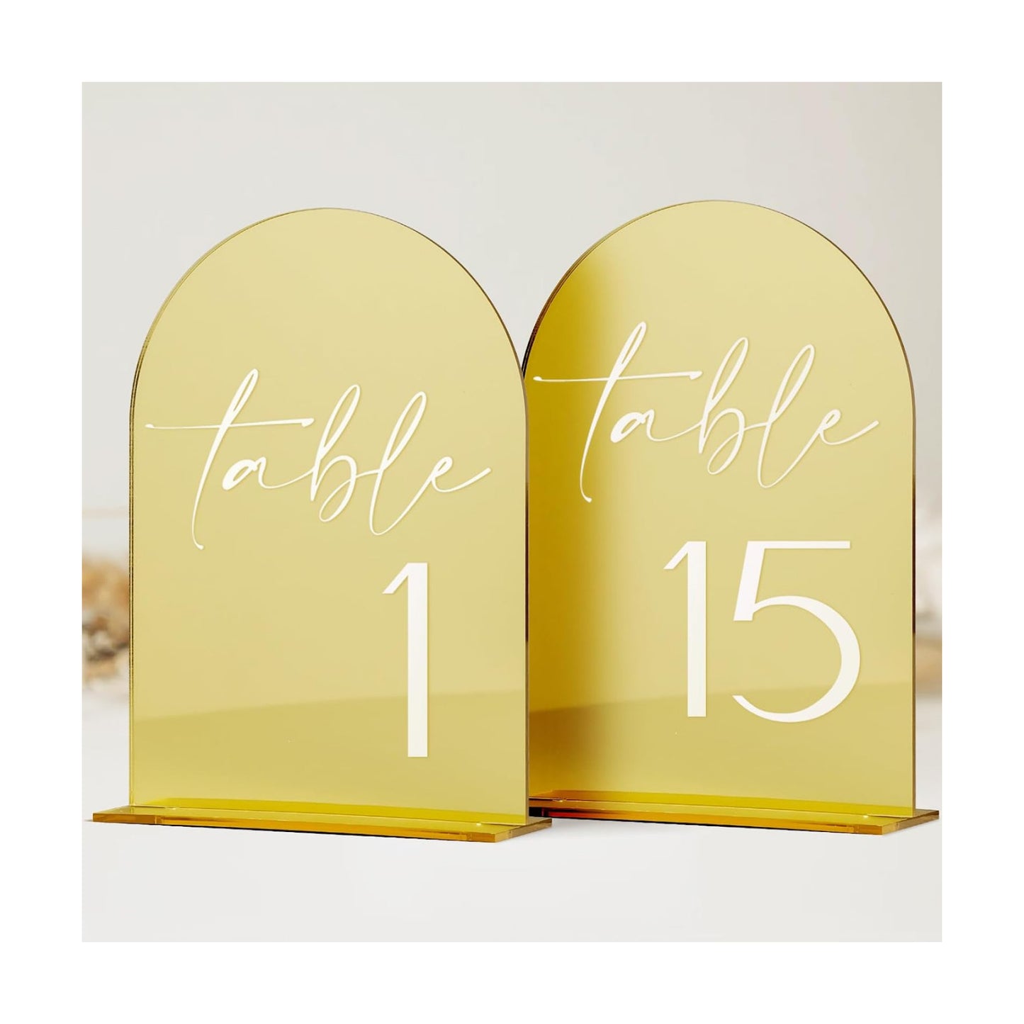HOODO Gold Mirror Acrylic Wedding Table Numbers 1-15 with Stands, 5"x7" Arched Acrylic Sign and Holder, Gold Mirror