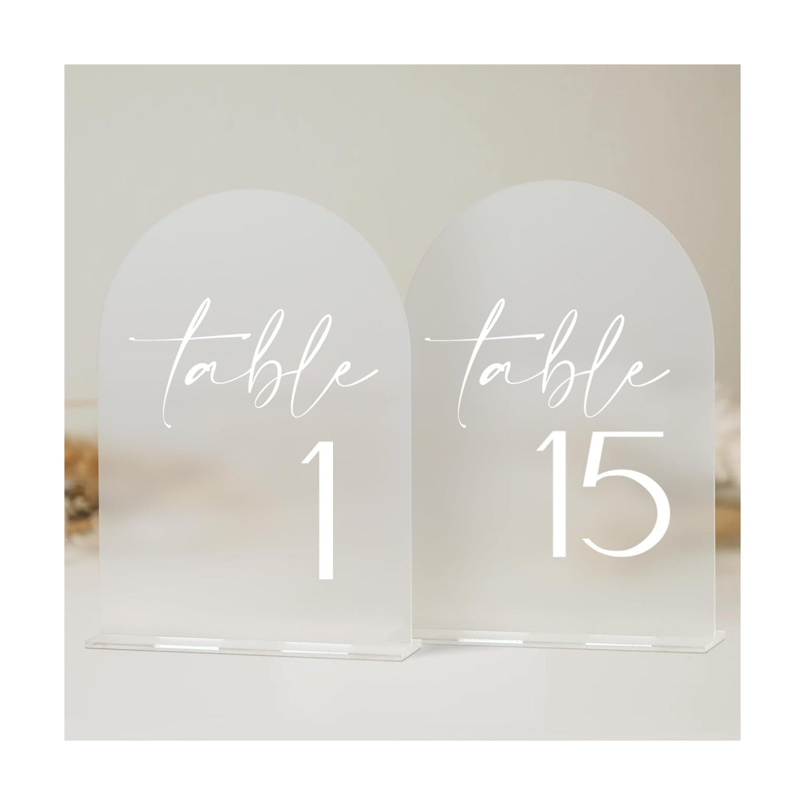 HOODO Frosted Arch Acrylic Table Numbers 1-15 with Stands, 5"x7" Acrylic Arch Signs and Holders, Frosted Table Numbers