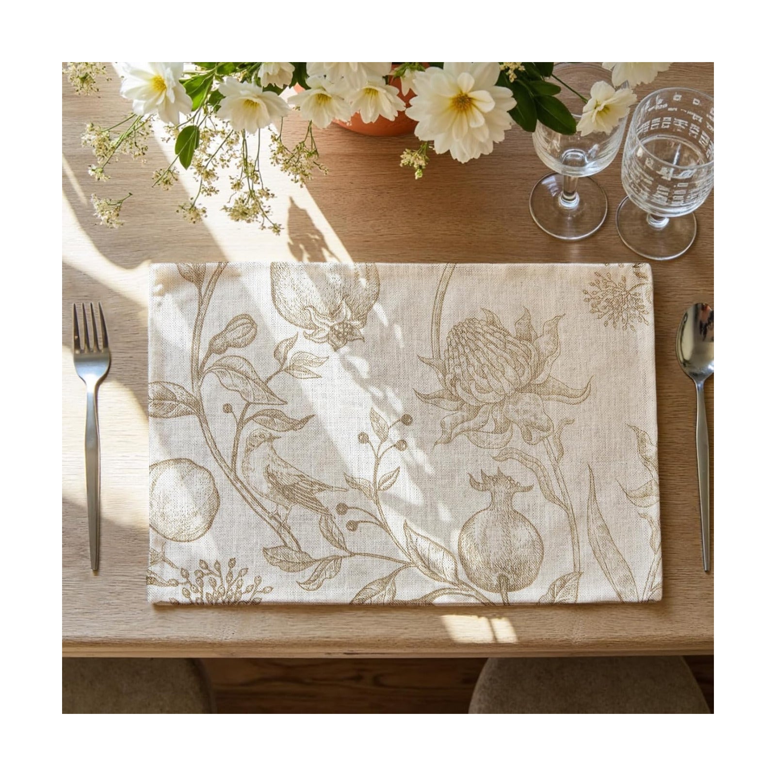 JINCHAN Linen Placemats Set of 4 Farmhouse Botanical Print 13x19 Inch Tan | Fabric Placemats, Cottage Style, Botanical