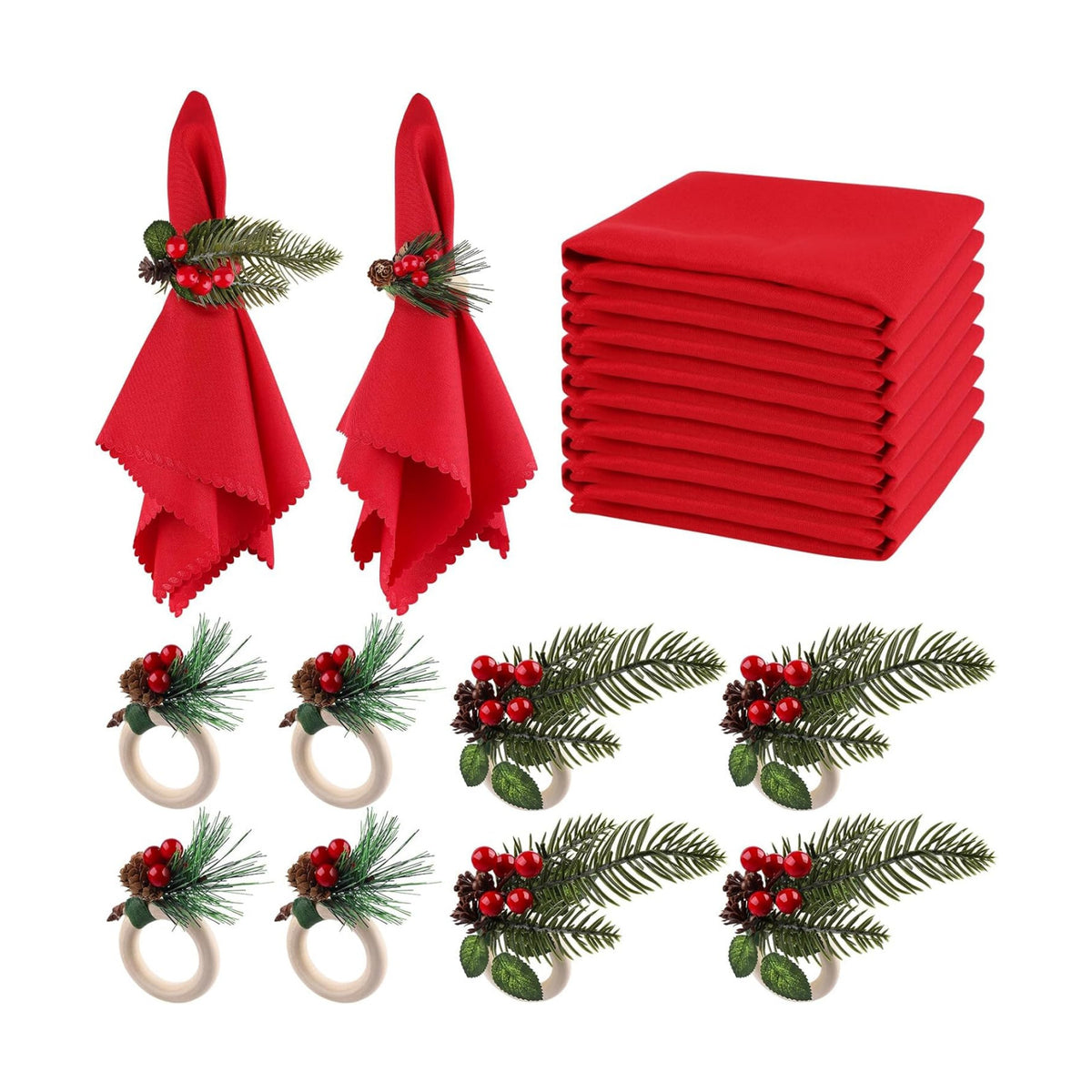 16 PCS Christmas Napkins and Rings Set, Lanstics 8PCS Xmas Napkin Buckles and 8PCS Red Washable Christmas Napkins Cloth Red Berries Napkin Holders for Christmas Holiday Dinner Party Table Decoration