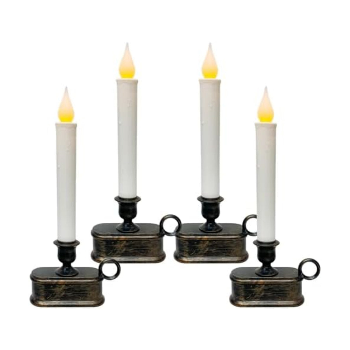 GOOTHY Set of 4 Battery Operated LED Window Candles, Dusk to Dawn Light Sensor, Flicker Flame Christmas Window Candles with Bronze Base, 10 Inch Flameless Taper Candle for Table Bedroom Christmas