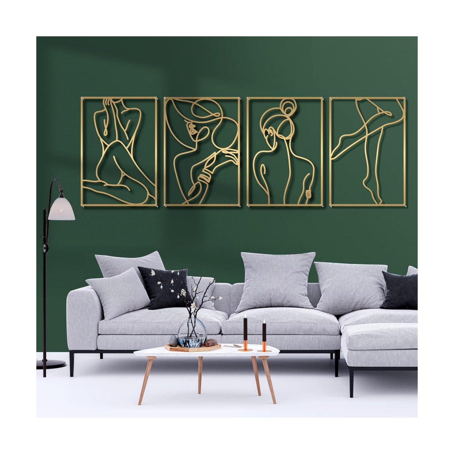 Glamativity Large 4 Pack Gold Wall Art, Minimalist Single Line Art, Real Metal Wall Art, Woman's Body Shape Abstract