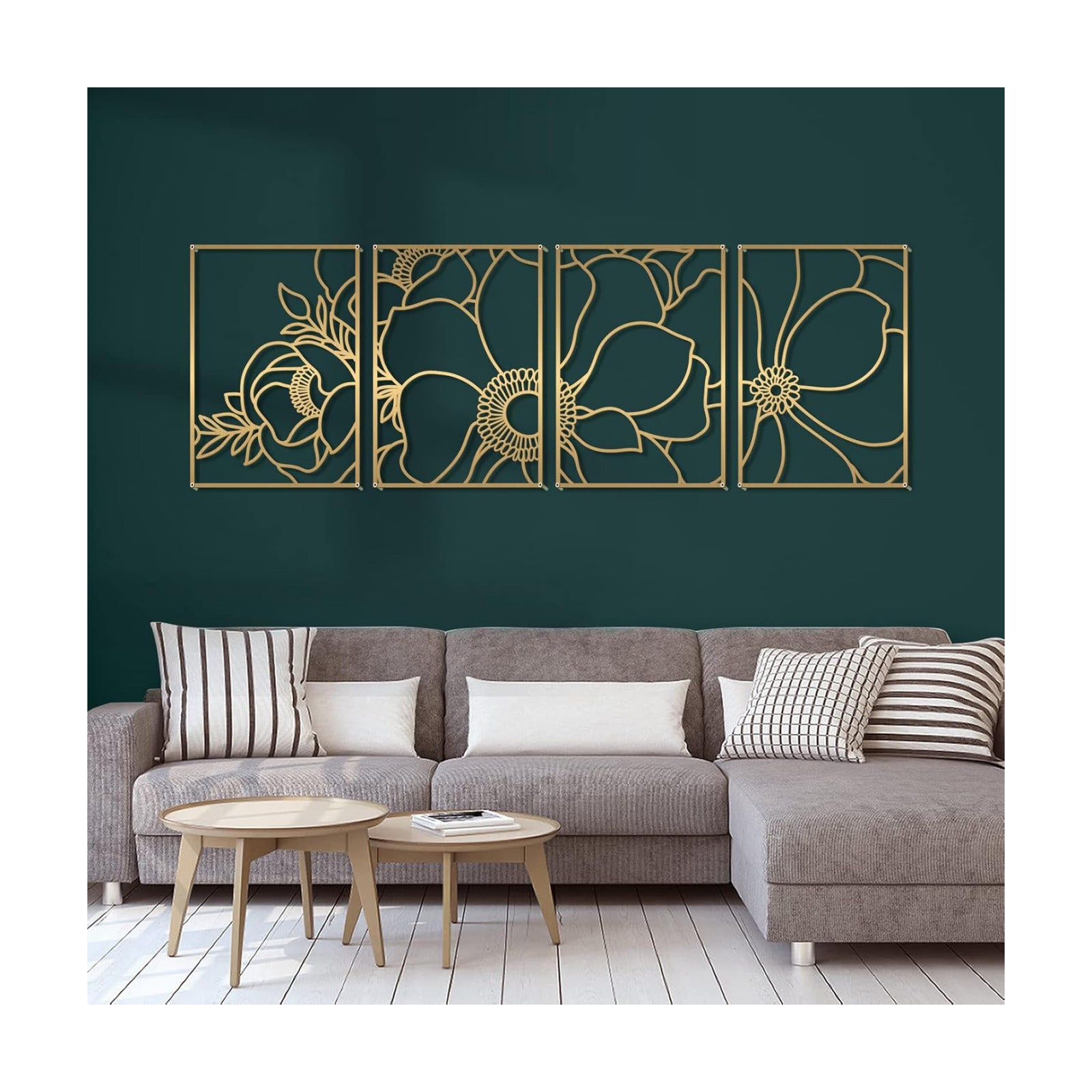 Glamativity Large 4 Pack Gold Wall Art, Minimalist Decor, Real Metal, Nature Floral Abstract, for Bedroom, Living Room
