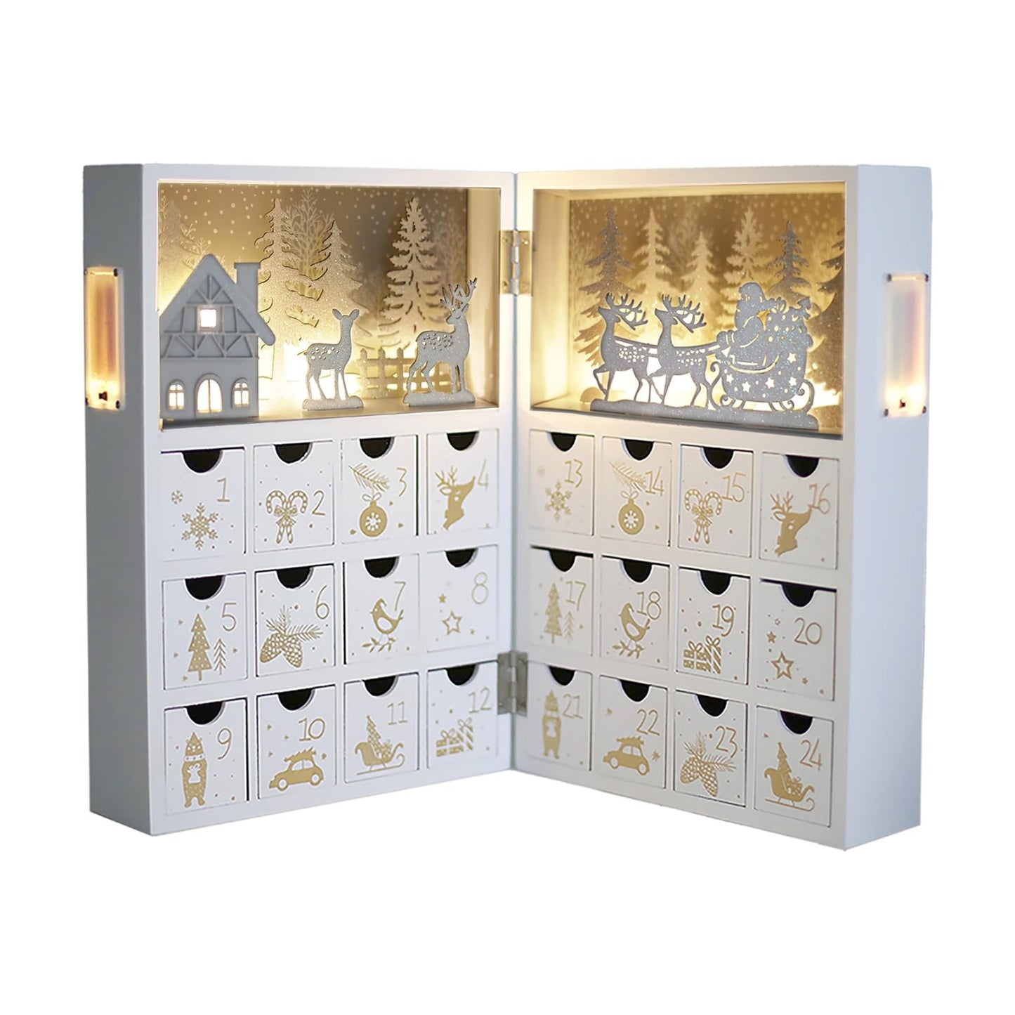 Wooden Christmas Advent Calendar Book with LED-lit Winter Forest Scene - 24 Drawer Countdown with Fine Silver Reindeer