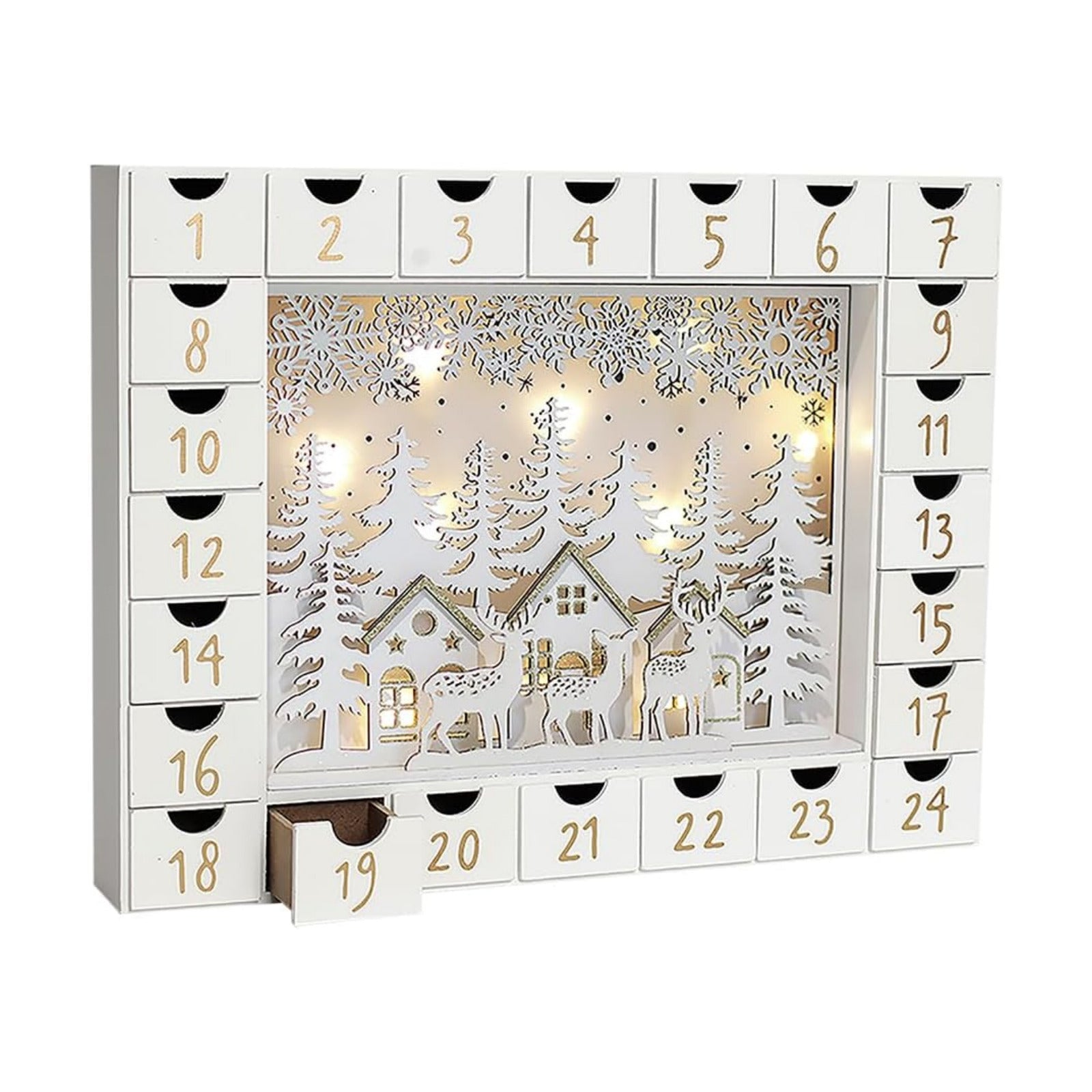 Christmas Wooden Advent Calendar with 24 Drawers to Fill Small Gifts Christmas Scene with LED Lights Countdown to Xmas