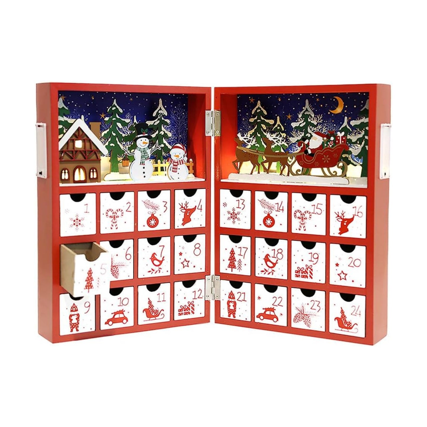 Christmas Wooden Advent Calendar Book with LED lighting Red Color Christmas Snowman & Santa Countdown Holiday Gifts