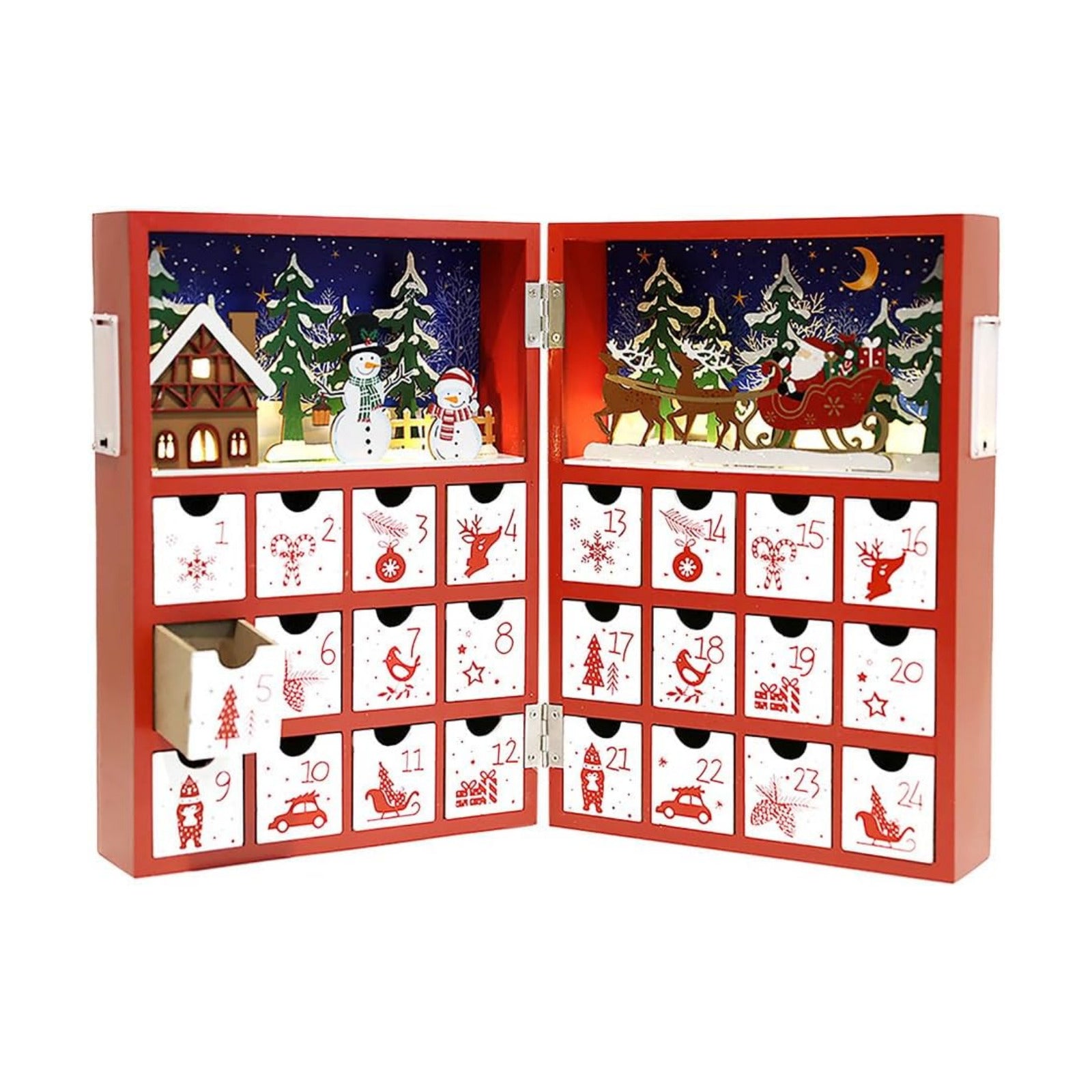 Christmas Wooden Advent Calendar Book with LED lighting Red Color Christmas Snowman & Santa Countdown Holiday Gifts