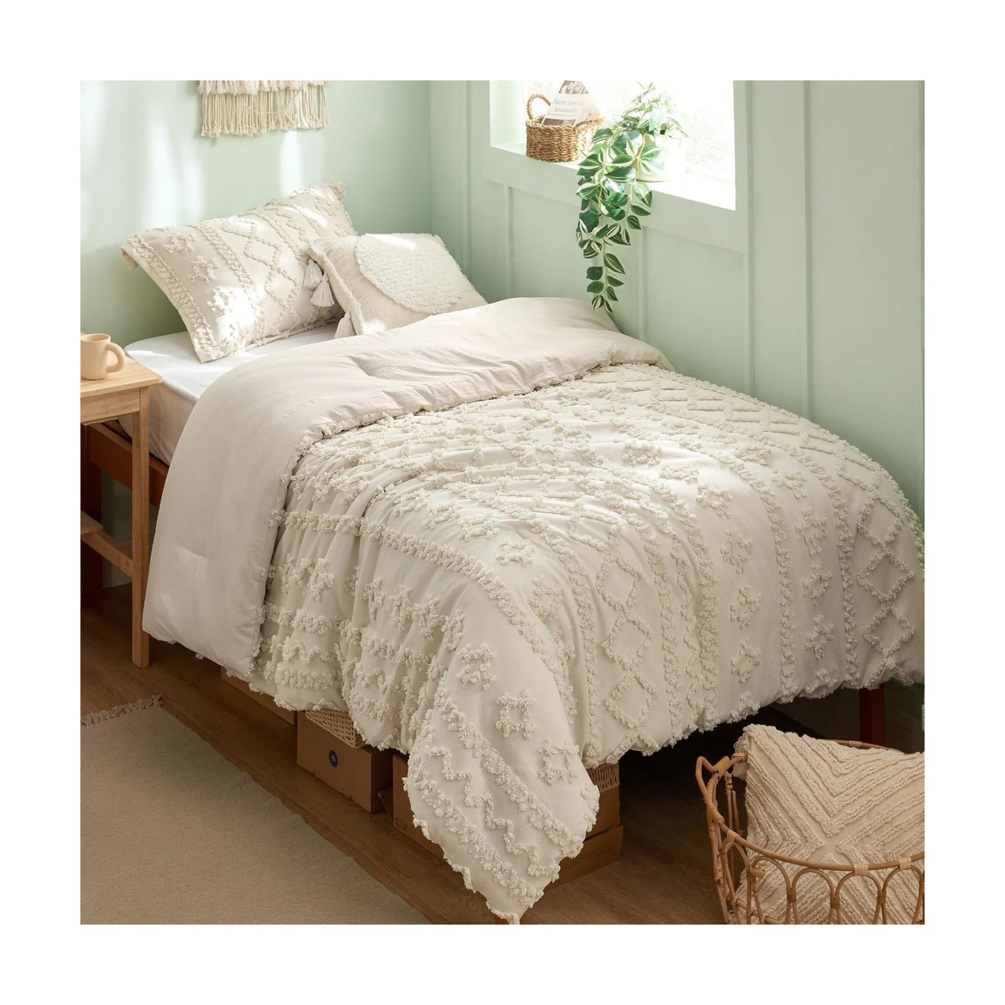 Bedsure Tufted Boho Comforter Set Twin Size - Beige Boho Bed Set, GentleSoft™ 2 Pieces Farmhouse-Style Embroidery