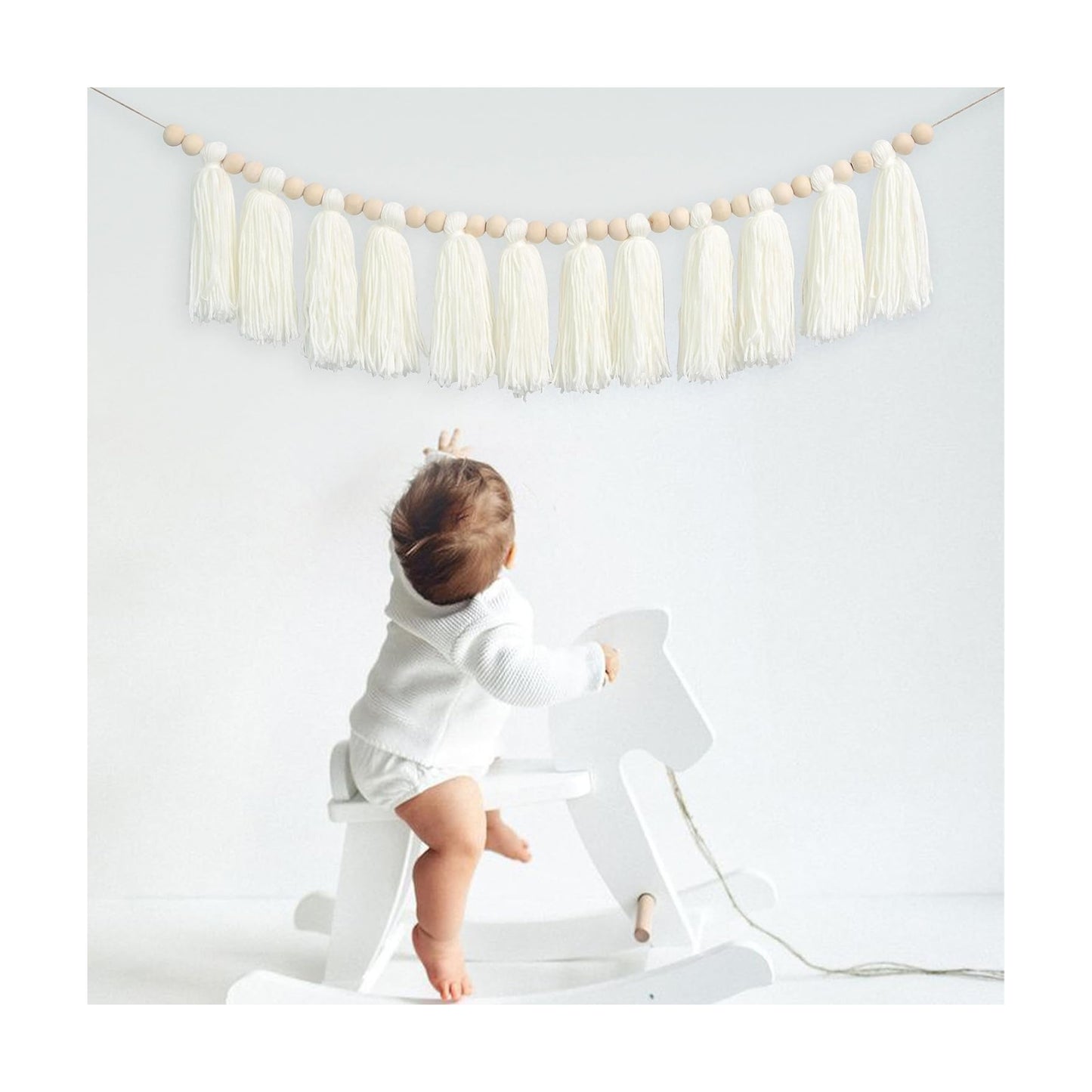 Cream Wood Bead Tassel Garland Boho Decor / White Cotton