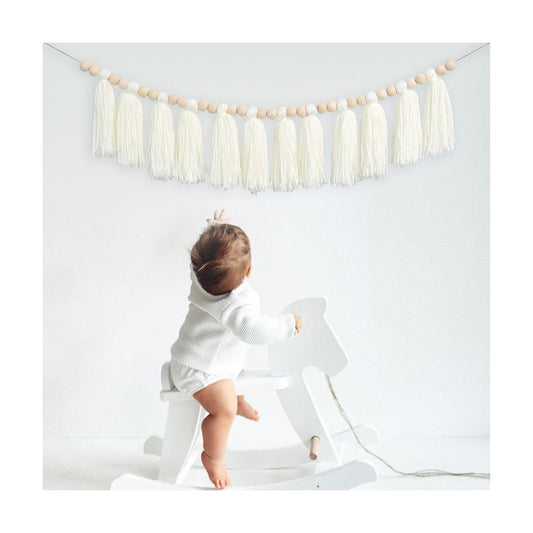 Cream Wood Bead Tassel Garland Boho Decor / White Cotton