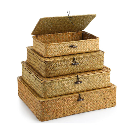 Seagrass Basket / Lid Wicker Storage Basket Decorative Storage Boxes / Yellow / Set of 4