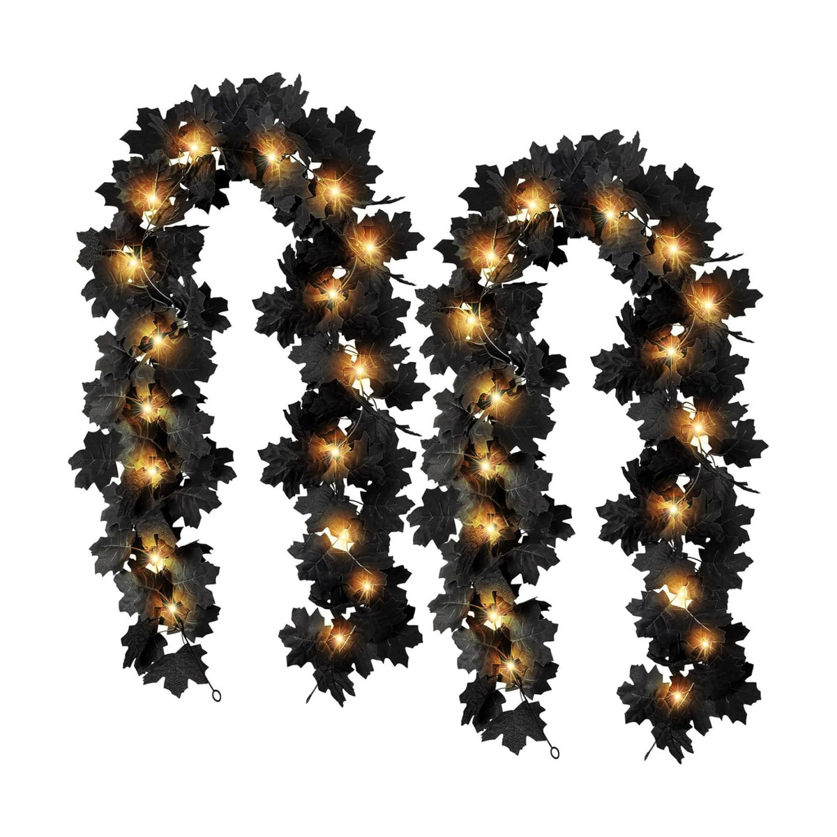 2 Pcs Black Leaf Garland with Yellow Lights, 11.8FT
