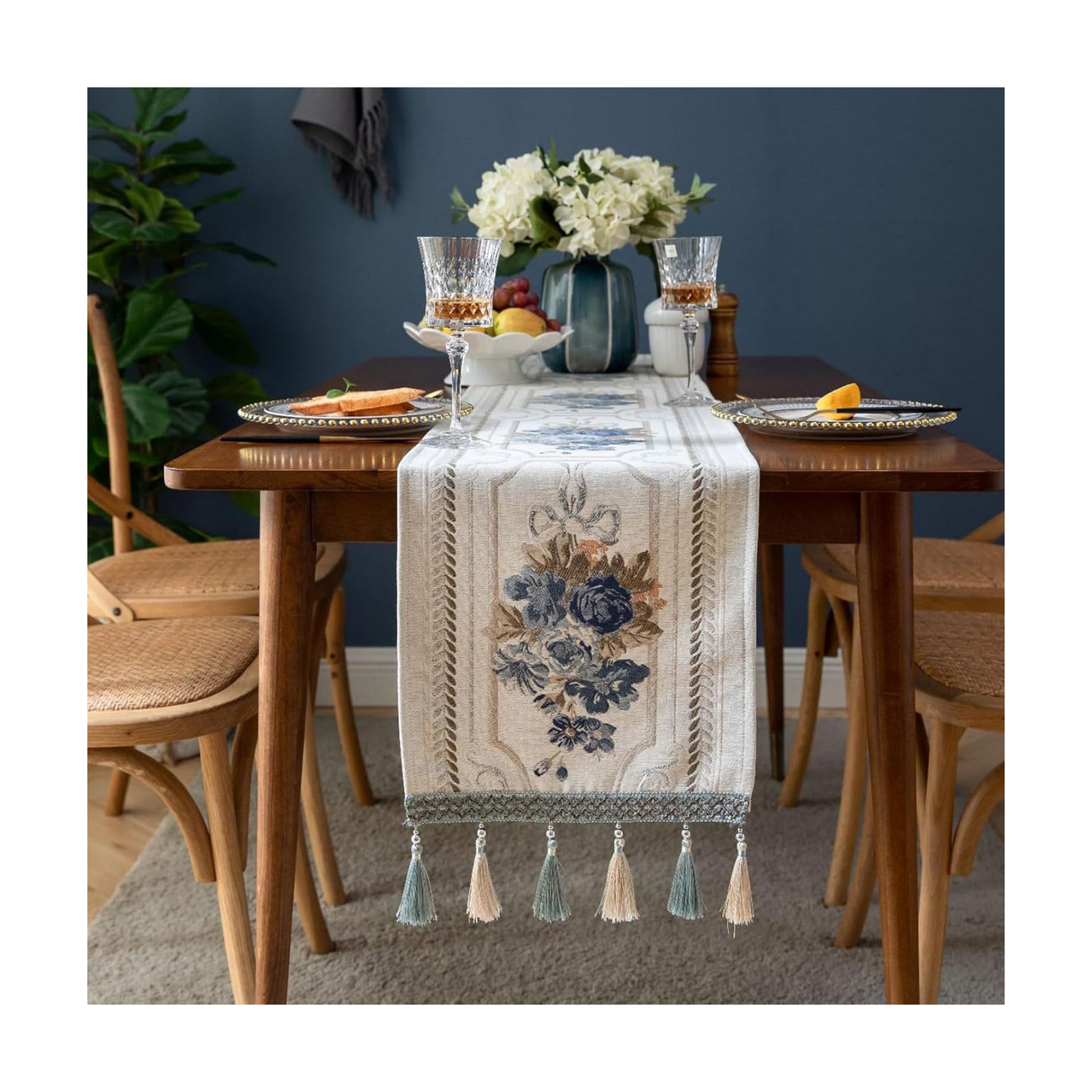 Embroidery Luxury Table Runner, Long White Dining Table Runner, Elegant Jacquard Dresser Scarf with Multi-Tassels for