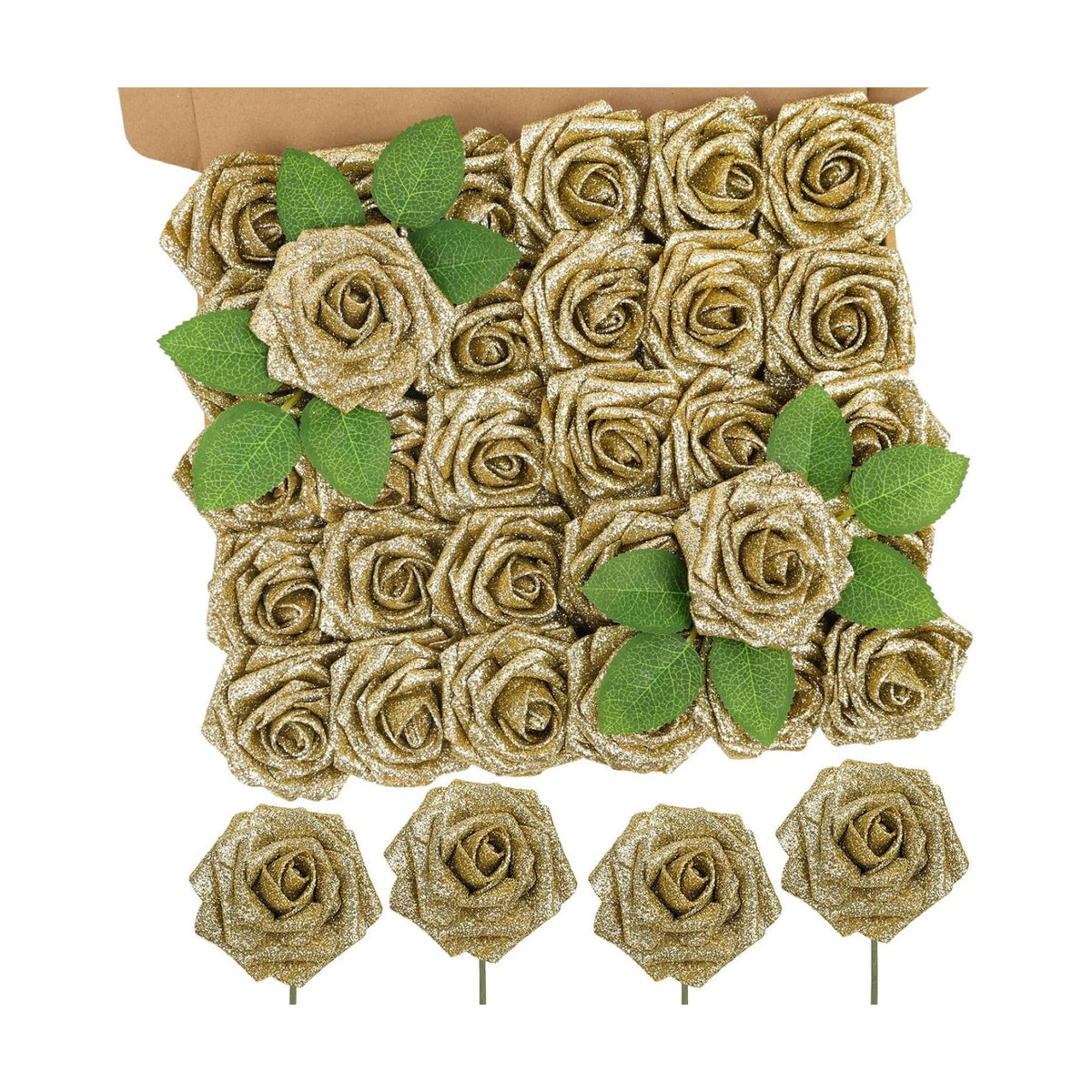 30PCS Gold Glitter Artificial Roses with Stems, Real Touch Foam Flowers