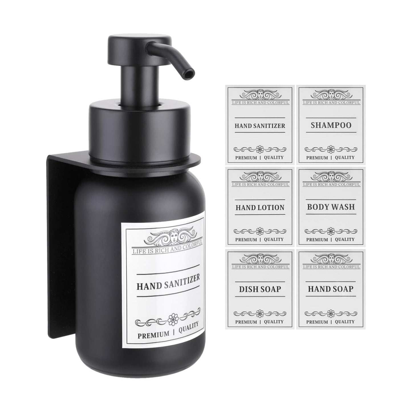 Black Glass Soap Dispenser Wall Mount for Bathroom with Pump and Drill-Free Holders - 8.5 Oz Hand Soap Dispenser