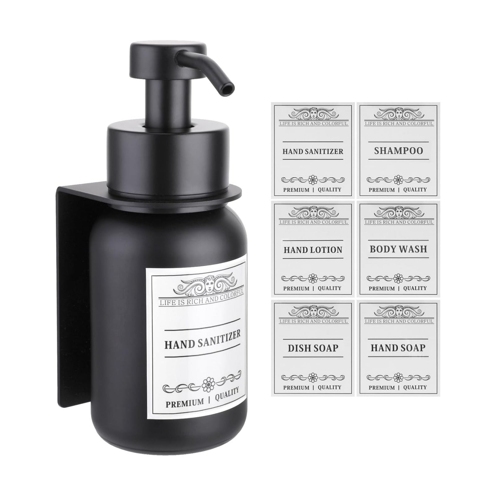Black Glass Soap Dispenser Wall Mount for Bathroom with Pump and Drill-Free Holders - 8.5 Oz Hand Soap Dispenser