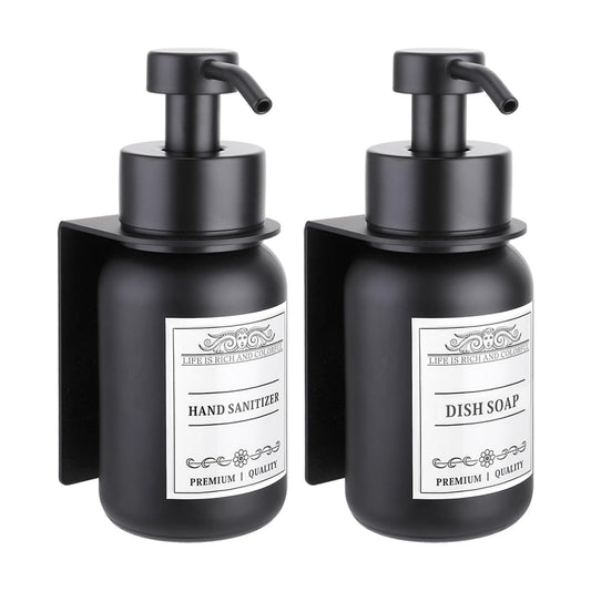 2 Pack Wall Mounted Soap Dispenser 8.5oz Refillable for Home & Hotel | Stainless steel pump head & bracket, glass