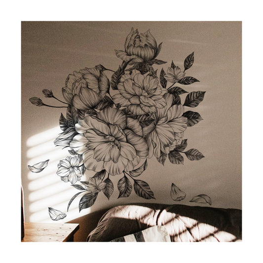 Black and White Floral Wall Decals Peony Flower Wall Stickers Living Room Bedroom / Black Floral
