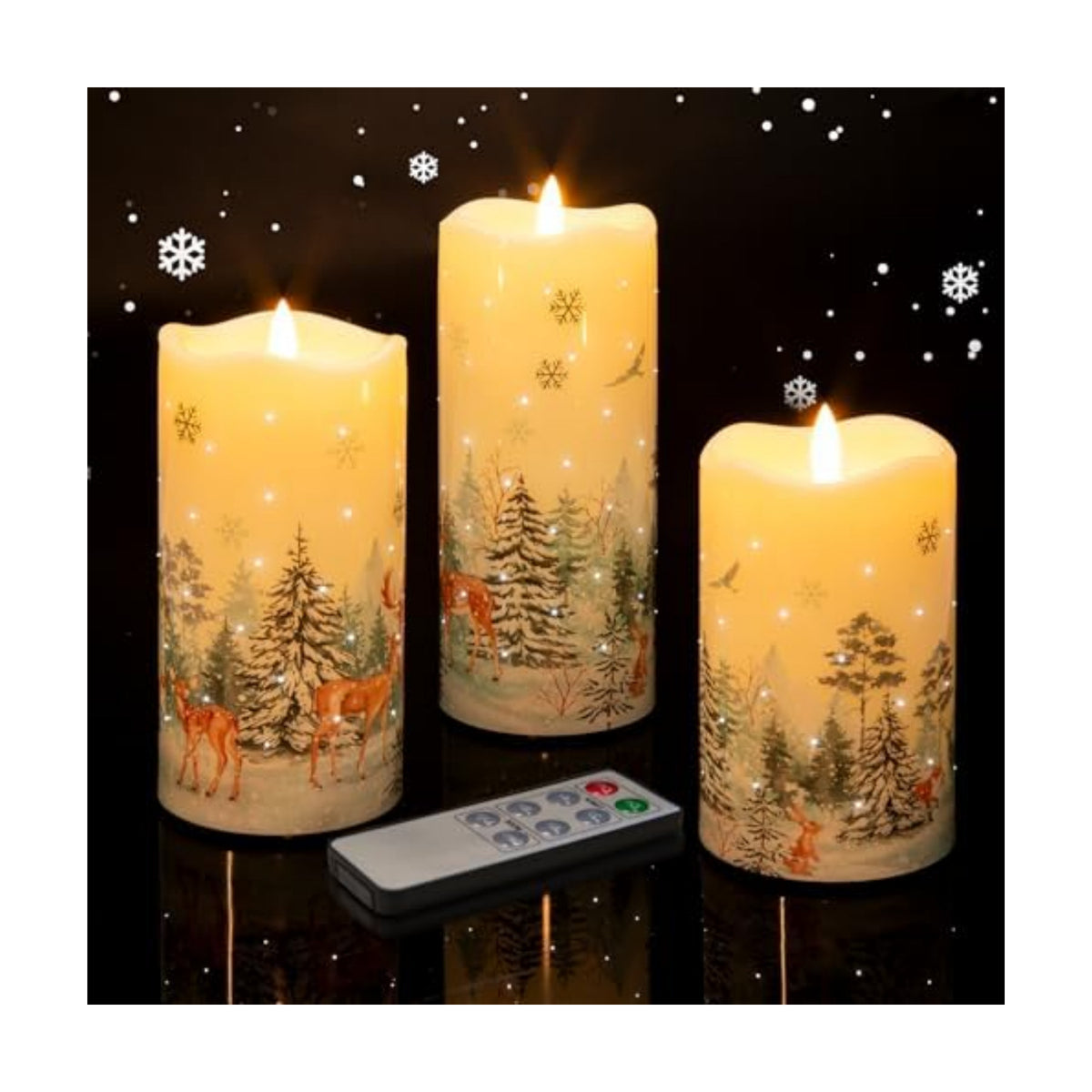 Eywamage Fiber Optic Christmas Flameless Pillar Candles with Remote, Flickering Forest Deer Holiday LED Battery Candles Set of 3