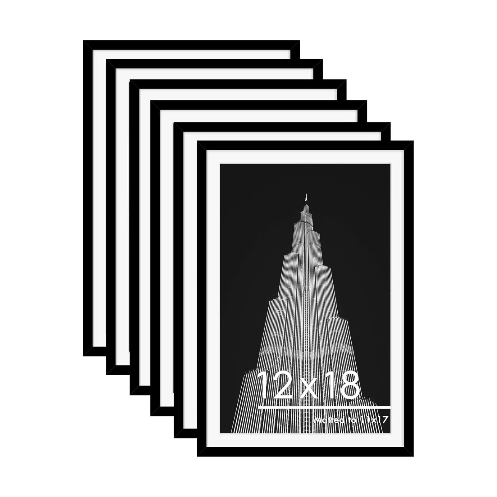 12x18 Picture Frame Set of 6, Wall Mounting Display, Black | Display 11x17 with Mat or 12x18 Without Mat, Horizontal or