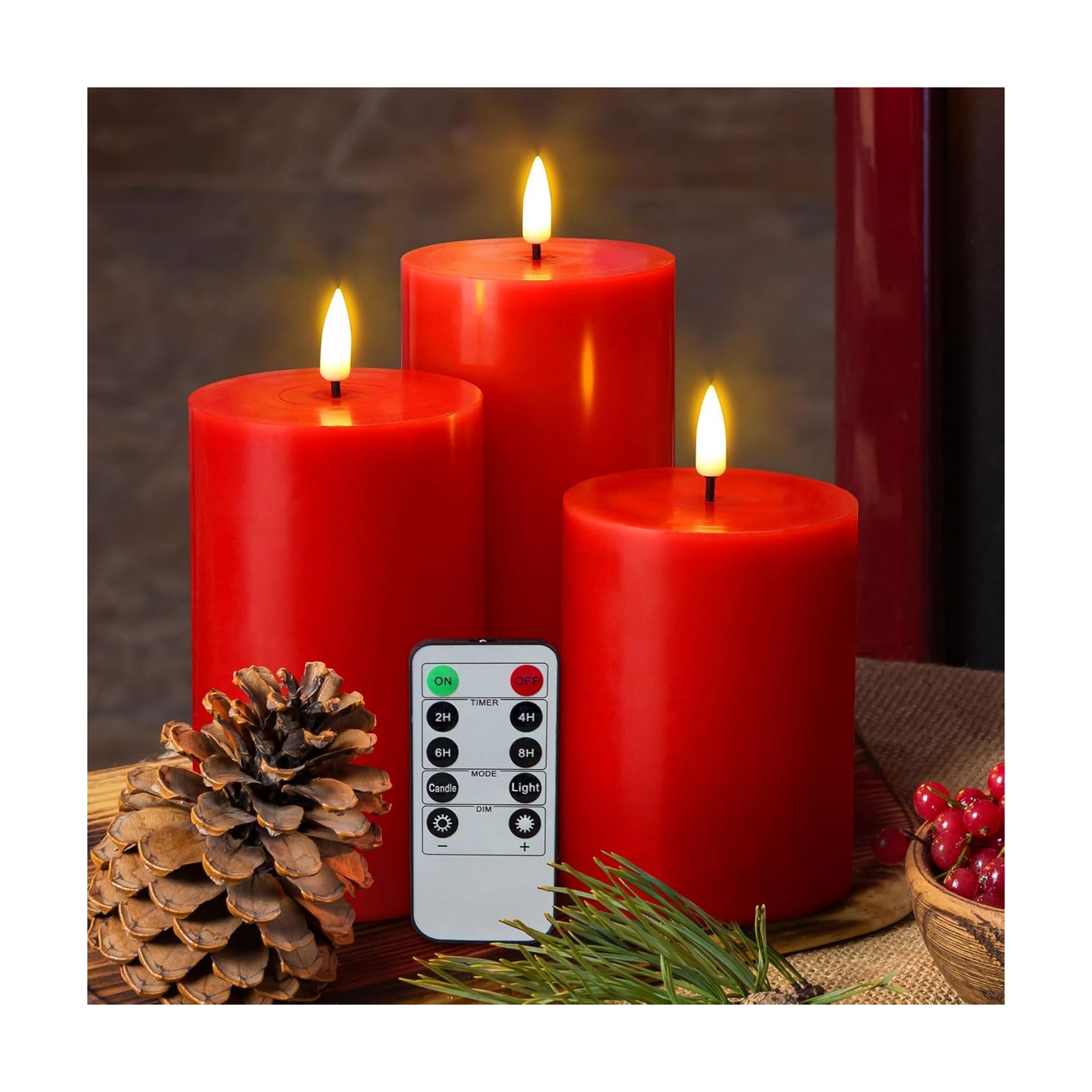 Red Christmas Flameless Pillar Candles with Remote Set of 3 | Flickering LED Wax Candles, Flat Top, 2 AA Battery Power