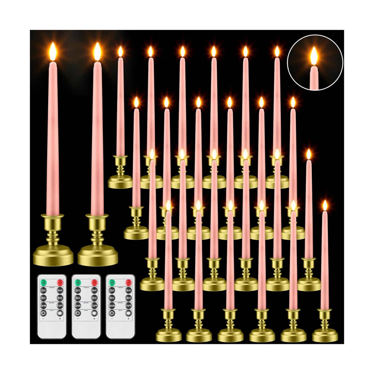Fumete 24 Pack Flameless Taper Candles with Remote Control and Timer Flickering LED Taper Candles Realistic 3D Flame