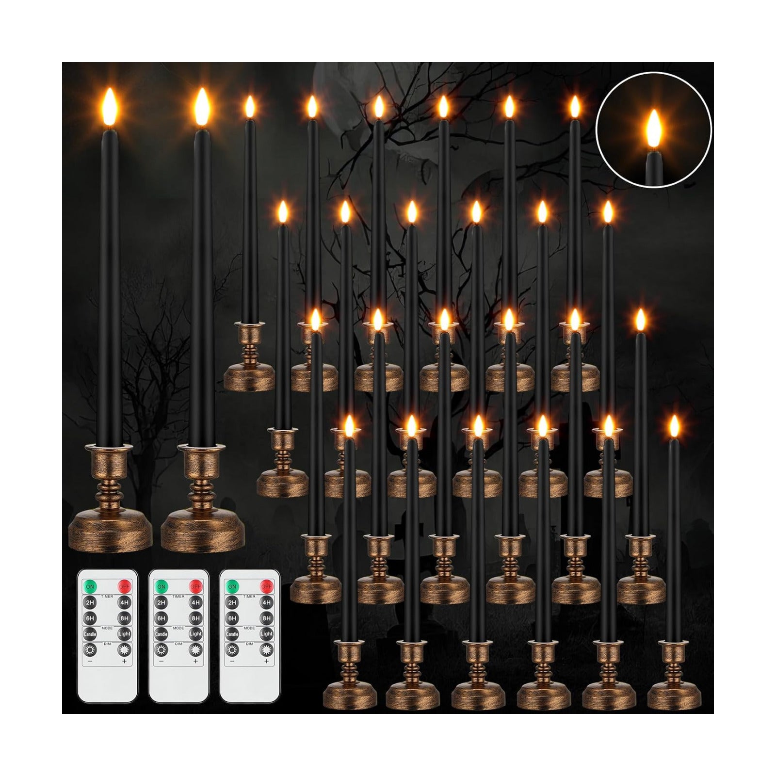 Fumete 24 Pack Flameless Taper Candles with Remote Control and Timer Flickering LED Taper Candles Realistic 3D Flame
