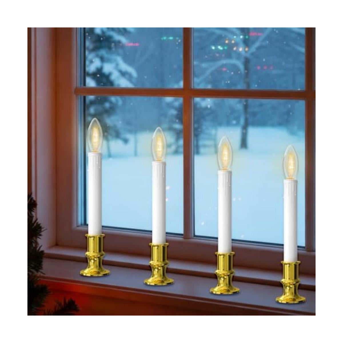 SUNSGNE Battery Operated Window Candles, Flameless Window Candles with Auto Timer for Holiday Home Table Christmas Decor, C26 LED Ultra-Bright Bulbs, 4 Pack, Gold Base